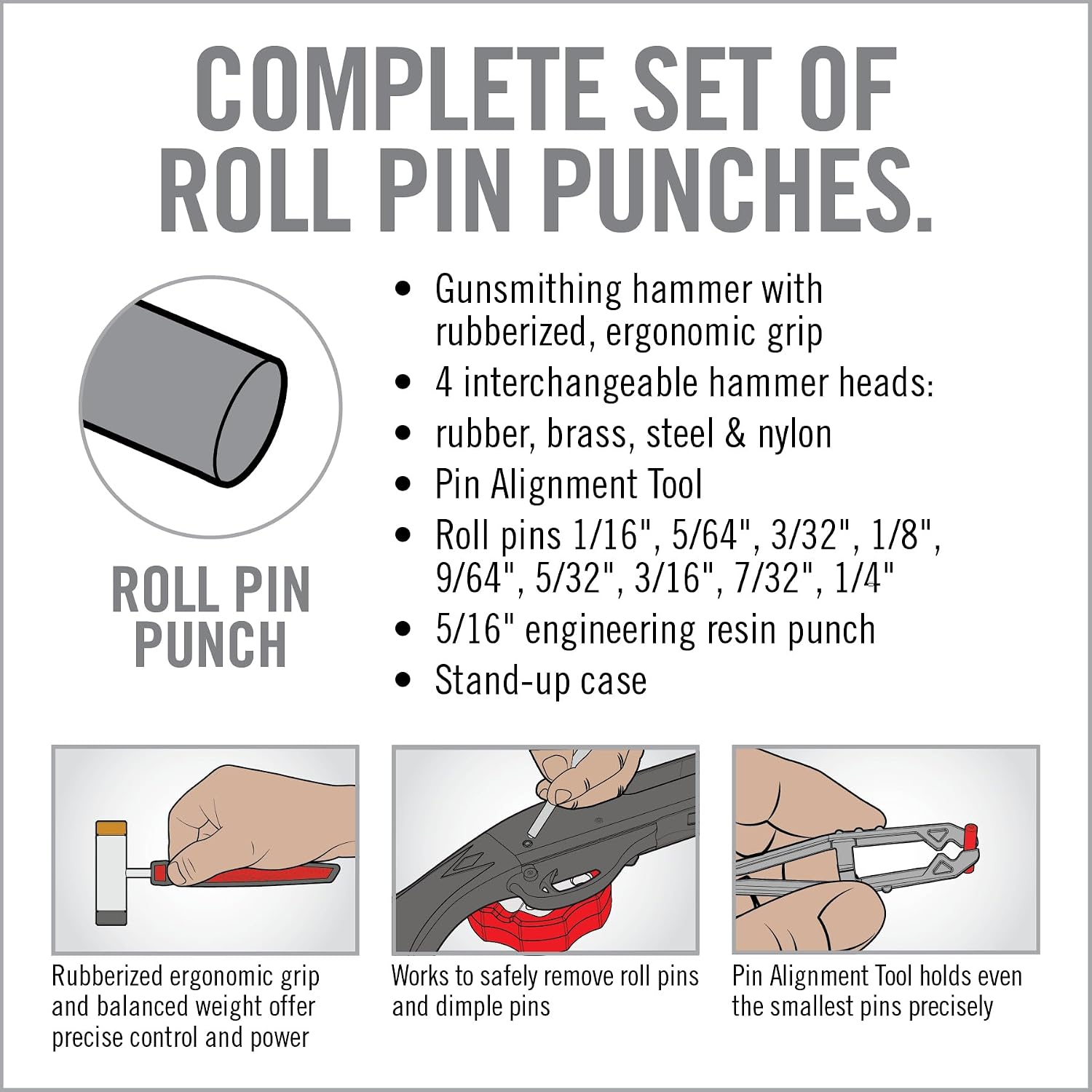 Real Avid Roll Pin Punch Set & Hammer + Non-Slip Magnetic Bench Block | 10 Nickel-Plated Steel Roll Pin Punches