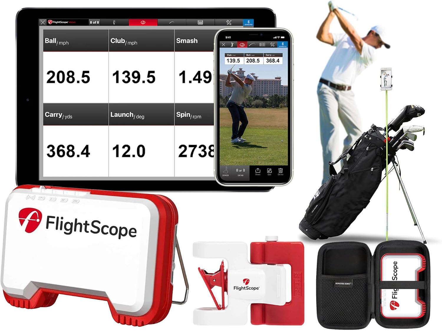 FlightScope Mevo Golf Launch Monitor with SelfieGolf Ultimate Phone Clip | 8 Swing Data Parameters with Real Time Data and Shot Tracer with GPS