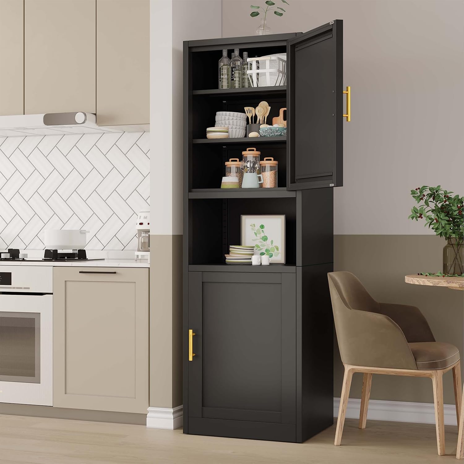 pozdeg 67" Tall Narrow White Metal Storage Cabinet | 2 Doors, 4 Adjustable Shelves, Freestanding Slim Pantry Organizer for Bathroom Kitchen Living Room