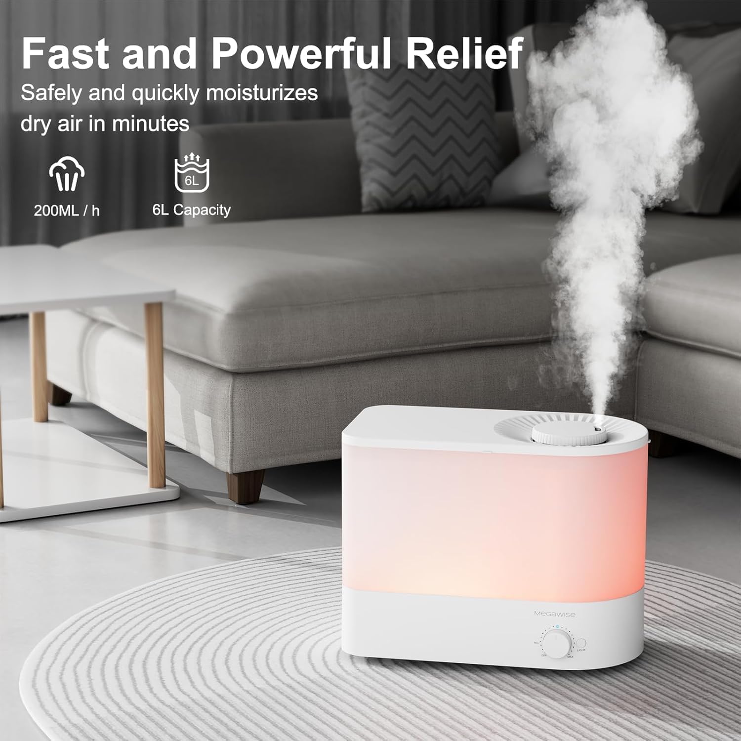 MEGAWISE 1.5L Cool Mist Humidifier for Bedroom, 25dB Quiet