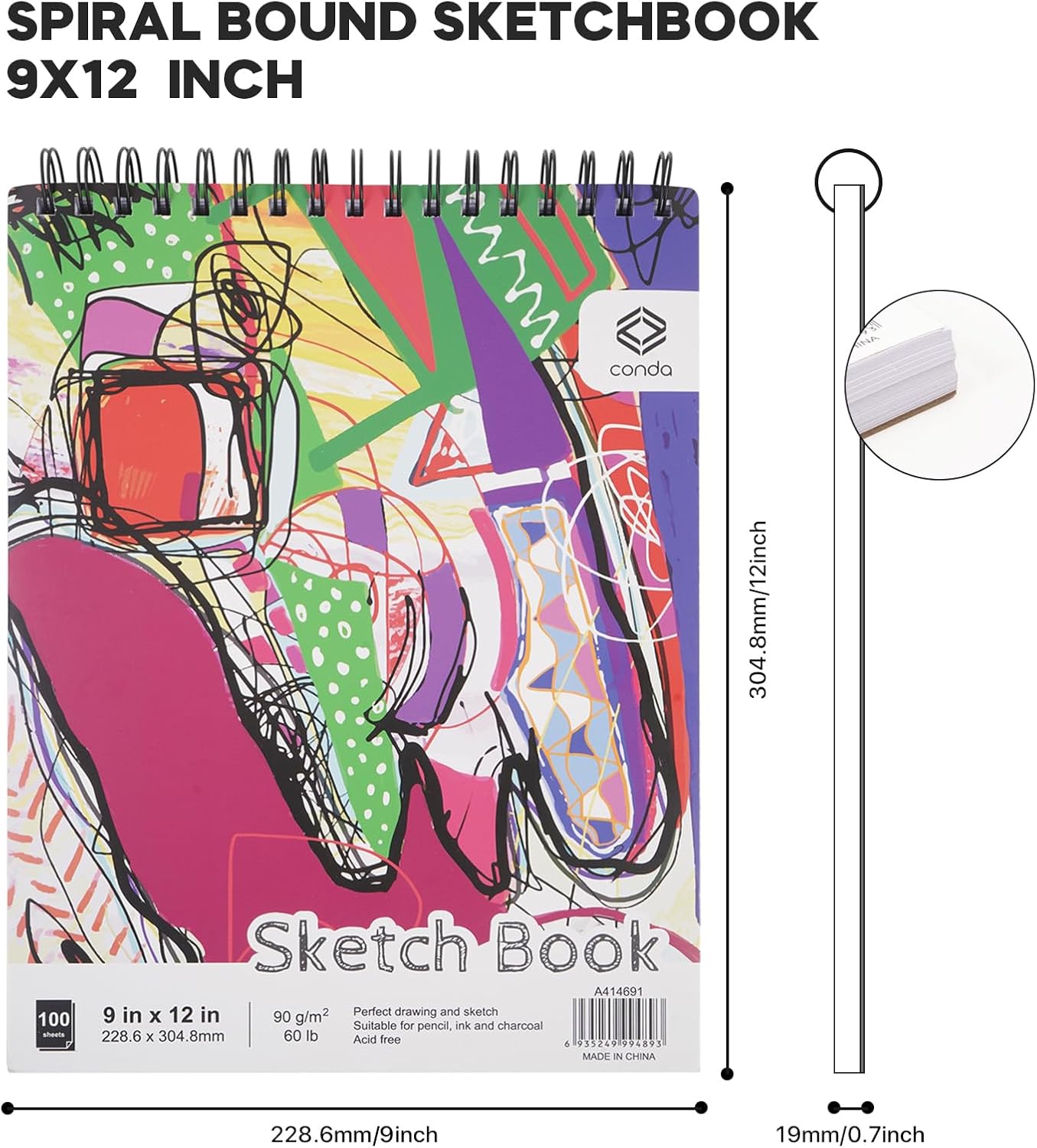 conda 8.5"x11" Sketch Book, 80 Sheets (68 lb/100gsm), Spiral Bound Artist Sketch Pad, Durable Acid Free Drawing Paper for Drawing Painting
