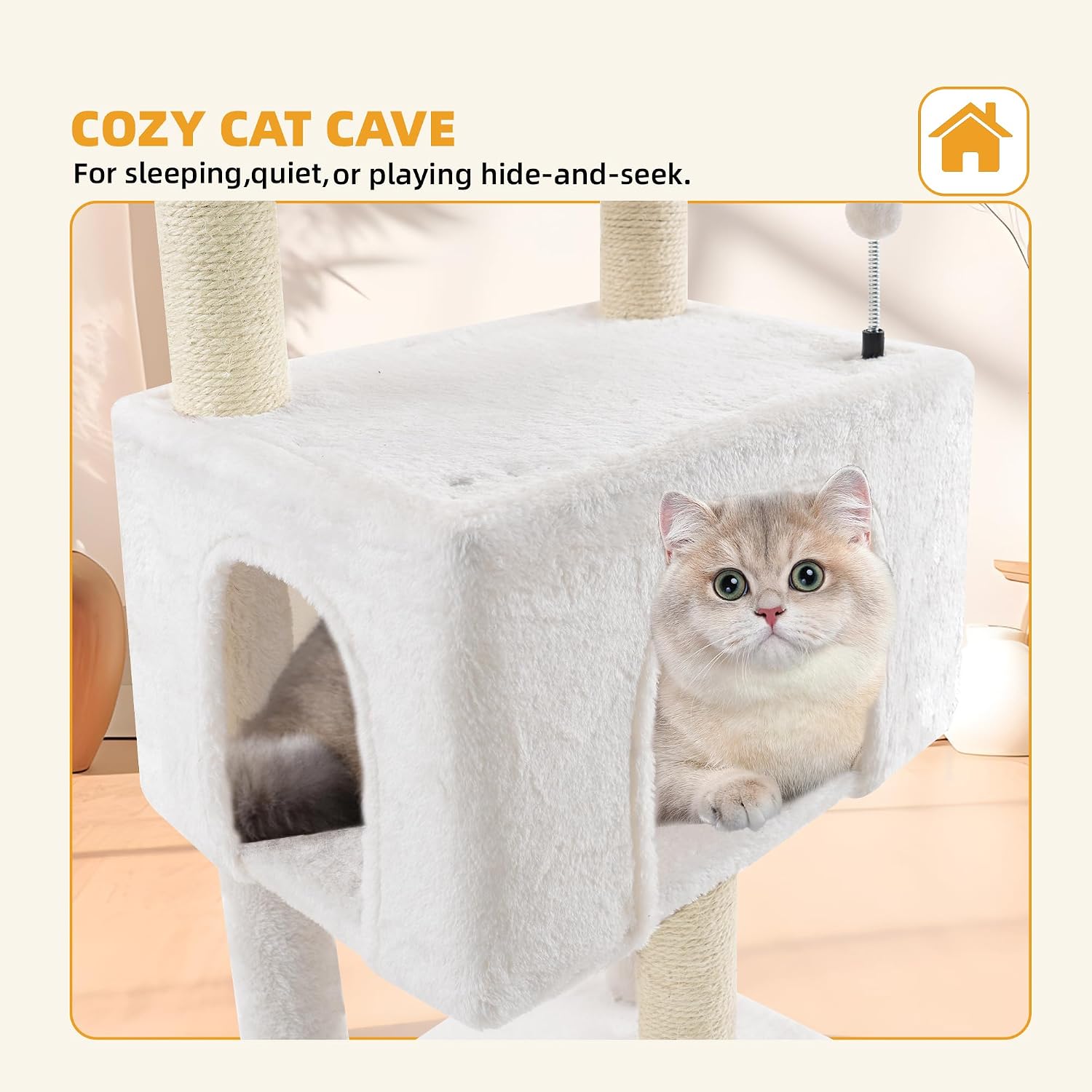 32" Cat Tree for Indoor Cats, 2-in-1 Cat House with Sisal Scratching Post & Ramp, 2-Level Cat Tower with Rotatable Feather & Ball Toys, Stable Grey Cat Condo for Small/Medium Cats, Grey