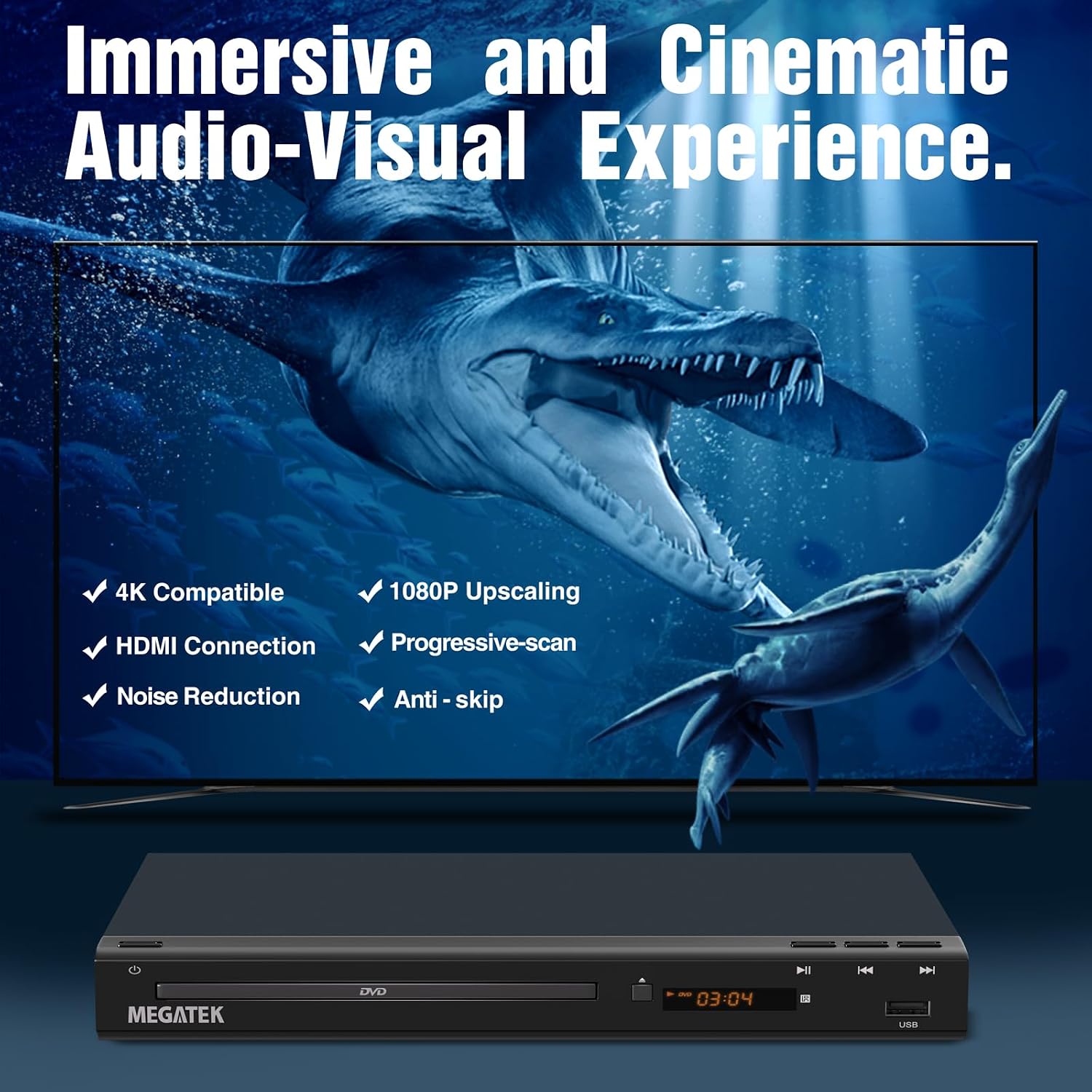 MEGATEK Region-Free DVD Player for TV with HDMI & 1080P Upscaling | CD/DVD/USB Playback, Compact Metal Housing, Coaxial Audio, LED Display