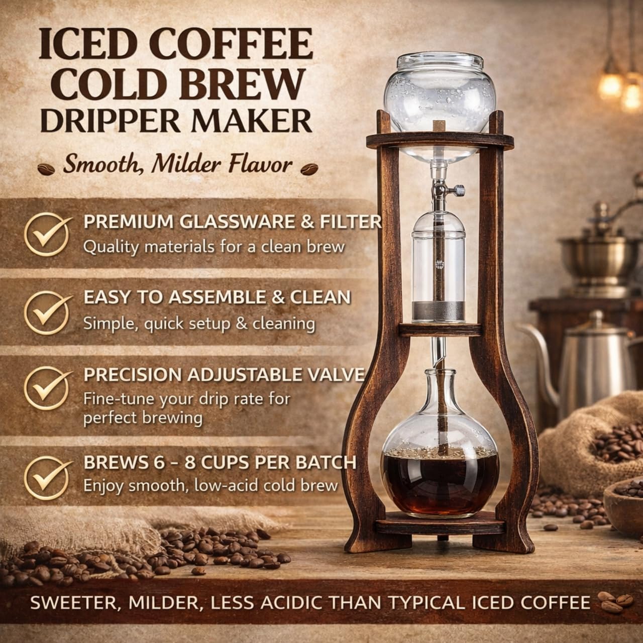 Nispira Iced Coffee Cold Brew Drip Tower Coffee Maker, 6–8 Cup Manual Cold Brew Brewer with Adjustable Valve, Wooden Frame & Glassware, Slow Cold Extraction System