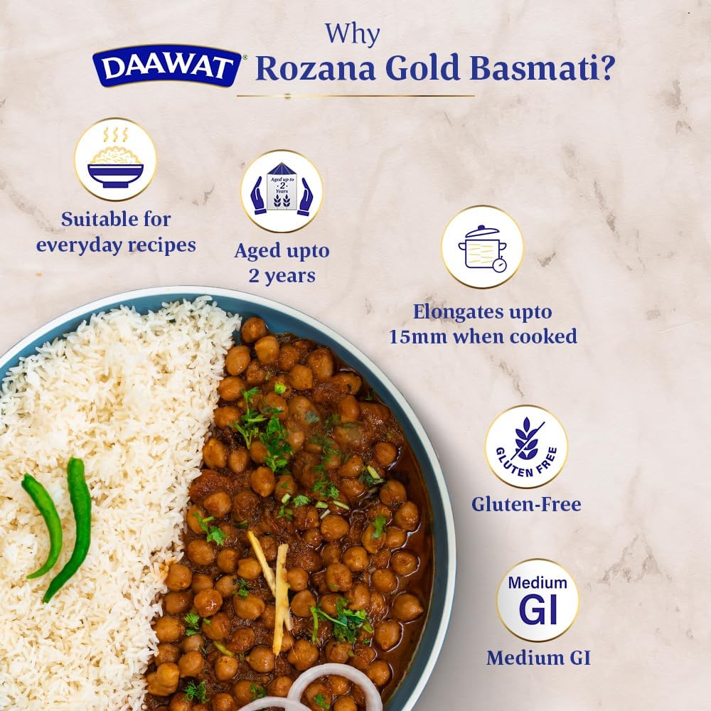 Daawat Rozana Gold Basmati Rice | Naturally Aged Long-Grain Rice | Fluffy & Non-Sticky | Ideal for Everyday Meals, 1 kg (2.2 lb)