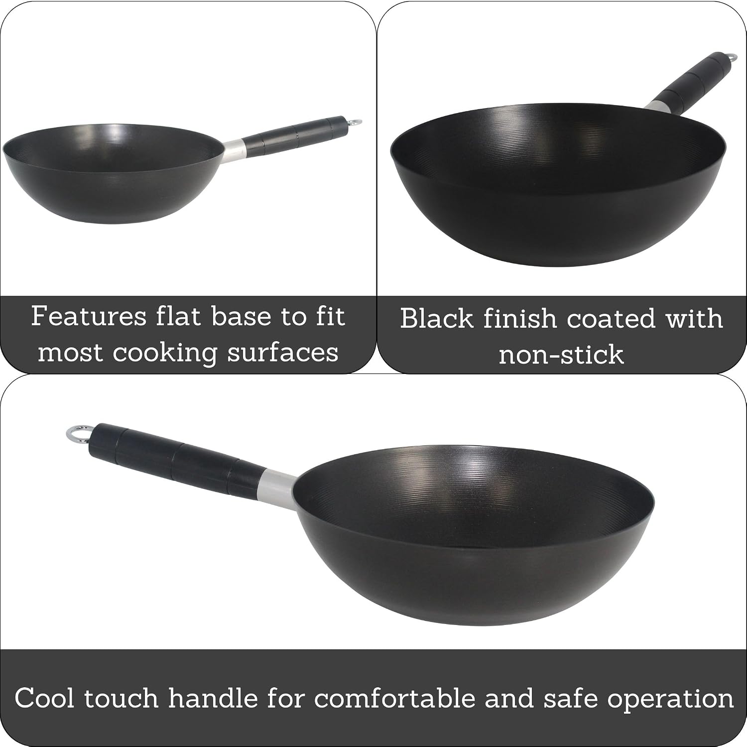 IMUSA 9.5 Inch Carbon Steel Nonstick Wok with Cool-touch Handle, Black | Cool-Touch Handle, Ideal for Stir Fry, Great for Everyday Meals