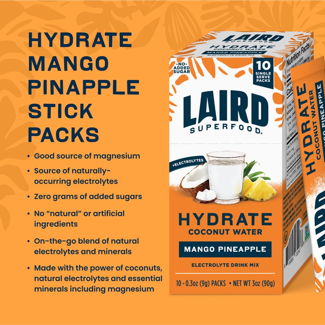 Laird Superfood HYDRATE Coconut Water Powder Drink Supplement with Coconut Water and Auqamin, All Natural, No Added Sugars, Gluten-Free, Non-GMO, Vegan, 8 oz. Bag, Pack of 1