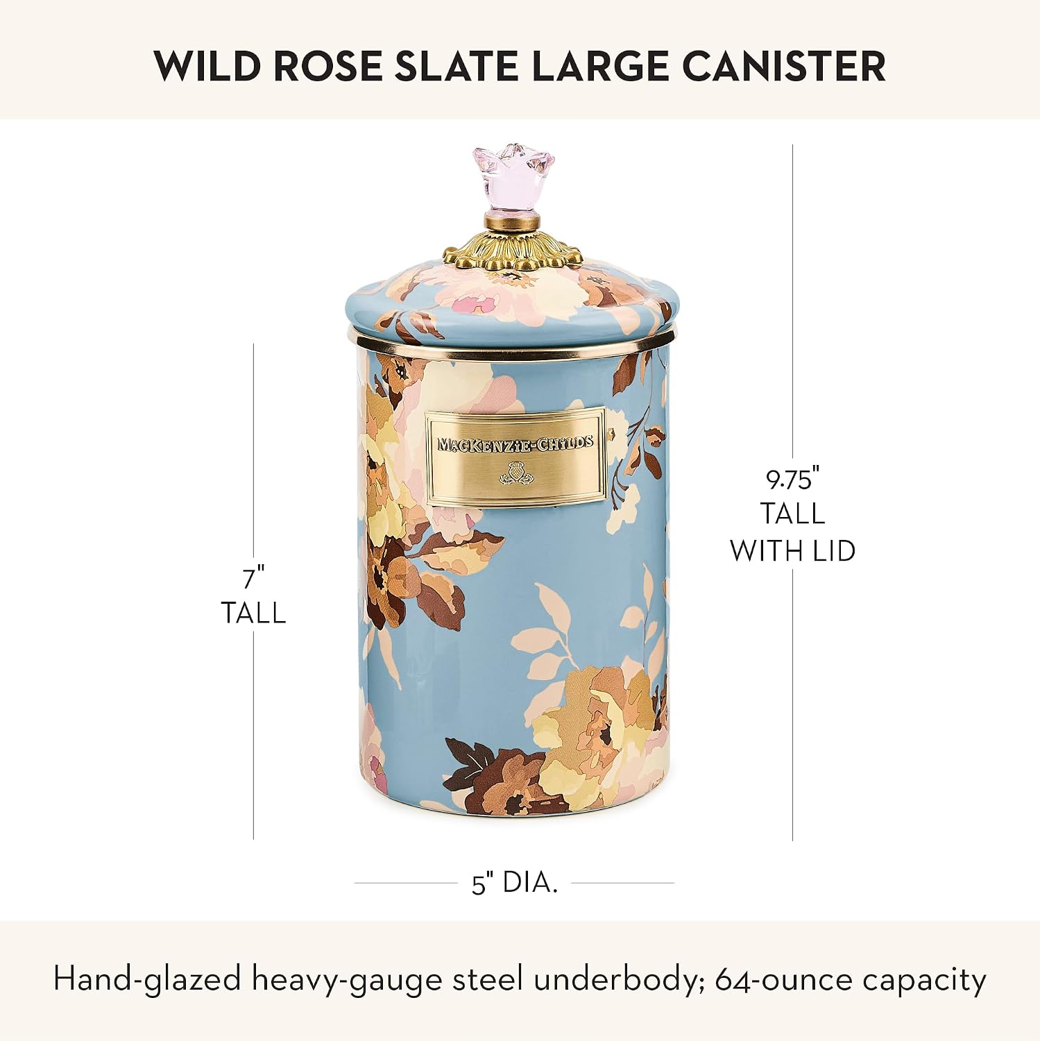 MACKENZIE-CHILDS Enamel Canister, Large, White Butterfly Garden | Hand-applied design, made from enameled steel, versatile kitchen storage container for flour and sugar, 64-ounce capacity
