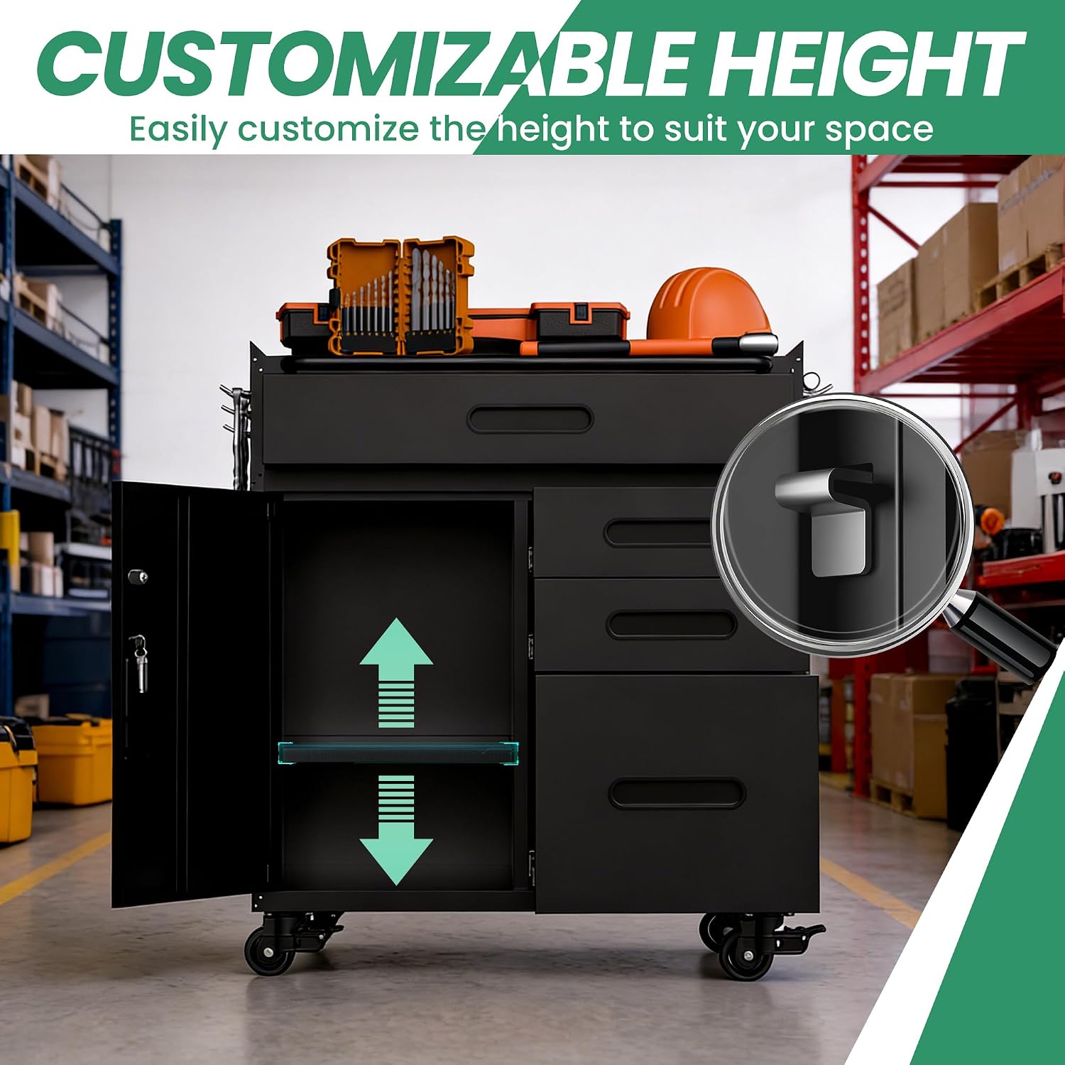 Garage Cabinets,Metal Garage Storage Cabinet with Wheels,Black Lockable Rolling Tool Cabinet with Drawer and Adjustable Shelves,Heavy Duty Tool Chest for Home Office Utility Room