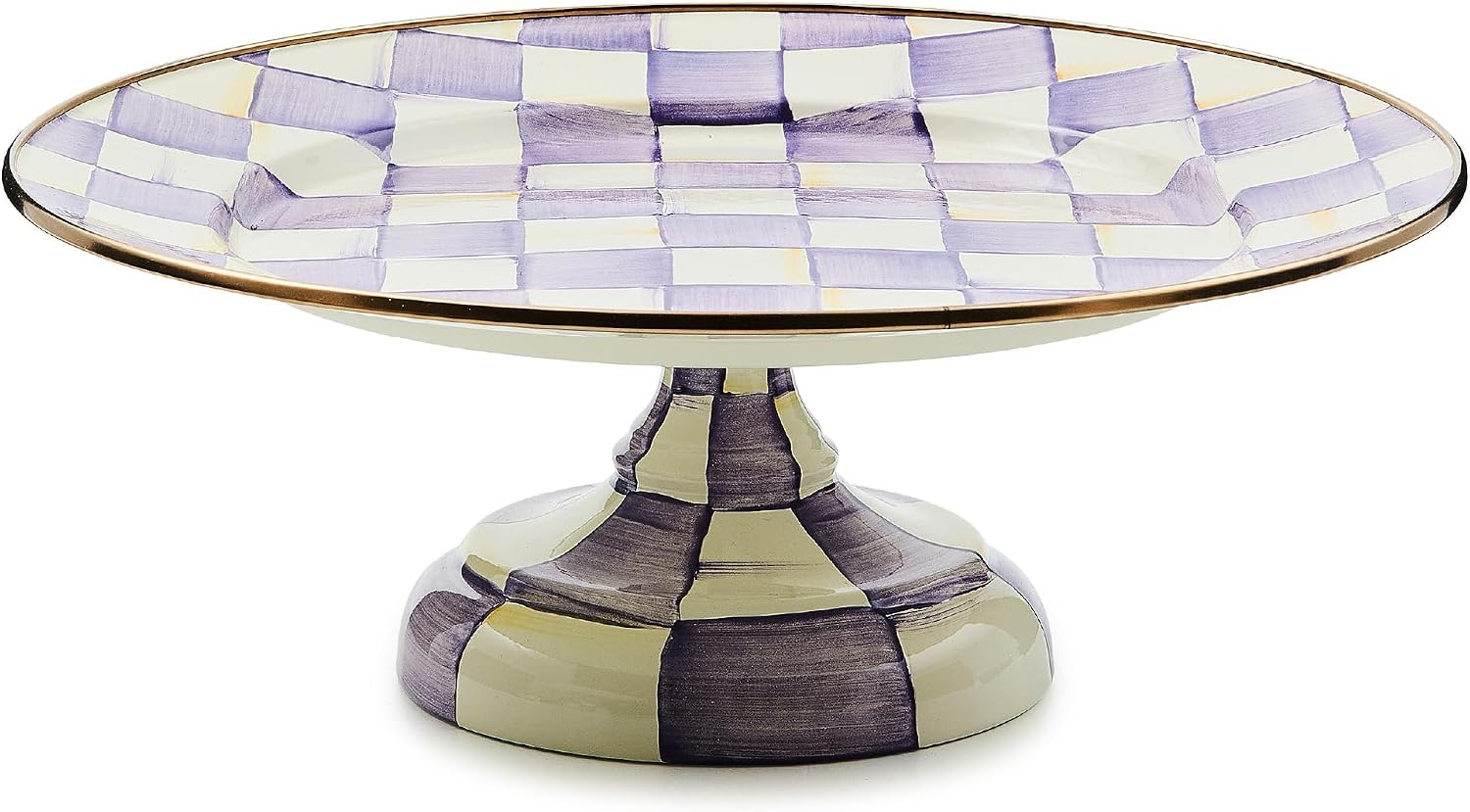 MACKENZIE-CHILDS Pedestal Platter, Mini, Black-and-White Courtly Check | Hand-painted design, made from enameled steel, stackable round cake stand for serving desserts, 8" dia. x 3" H