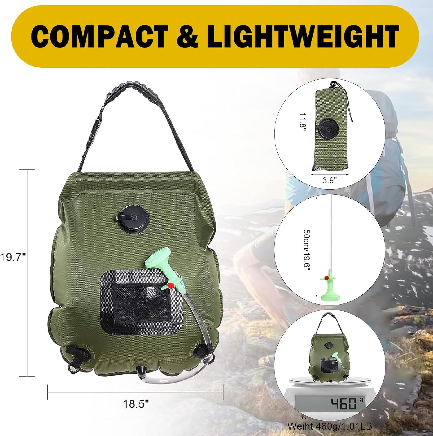 Solar Shower Bag | 5 Gal/20L Solar Heating Camping Shower Bag | Removable Hose | On-Off Switchable Shower Head | Ducha Portatil | Traveling Shower | Portable Shower for Beach Swimming, Hiking