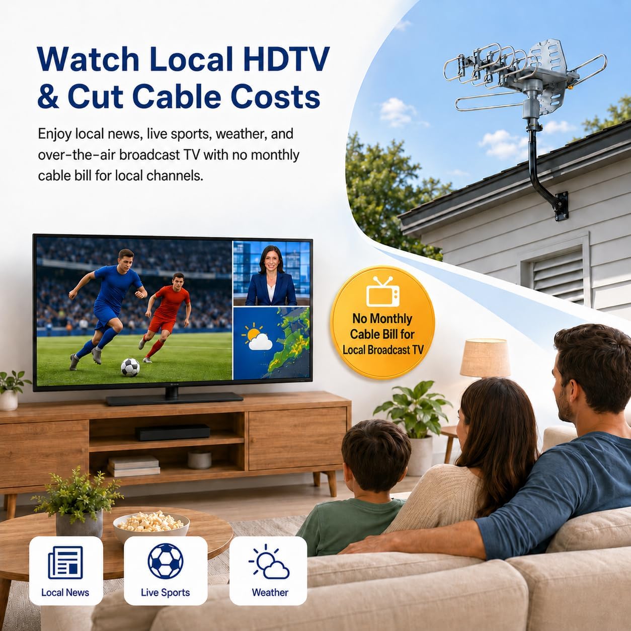 Amplified Outdoor TV Antenna with 360° Motorized Rotation, UHF/VHF Long-Range Reception, Remote Control, Mounting Pole & 40FT RG6 Cable