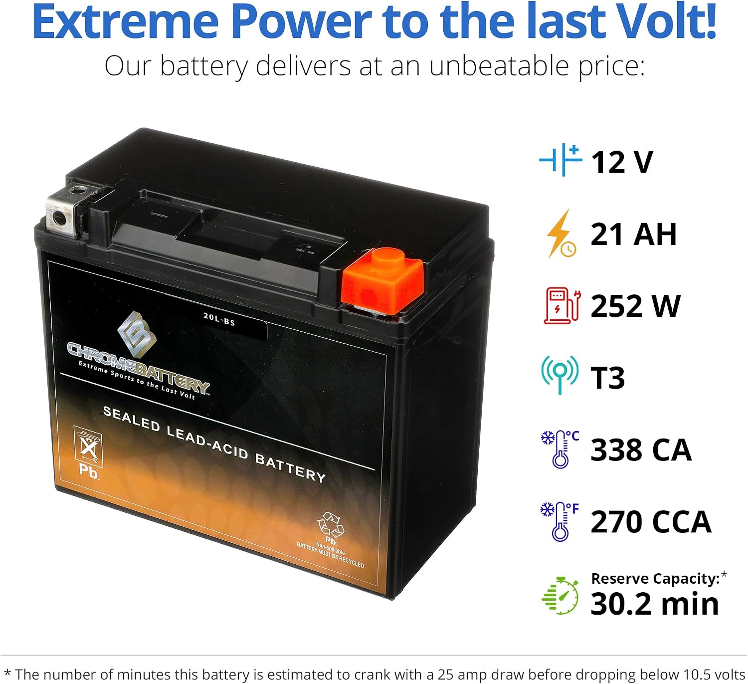 CB CHROMEBATTERY YTX30L-BS 12V 385 CCA AGM – Maintenance-Free 30Ah Battery for Harley, ATV, UTV, Snowmobile, Jet Ski – T3 Nut & Bolt Terminal – Fits Harley Touring, Polaris Sportsman 850