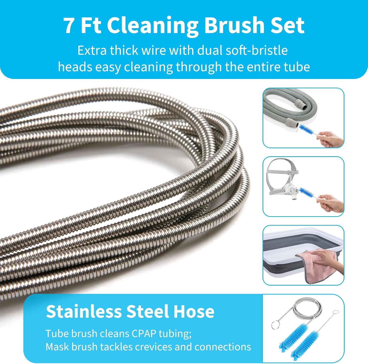 Upgraded CPAP Cleaning Kit, 7 ft Tube CPAP Cleaner Brushes for 15mm, 20mm and 22mm Hoses, CPAP Cleaning Supplies for Hose and Mask