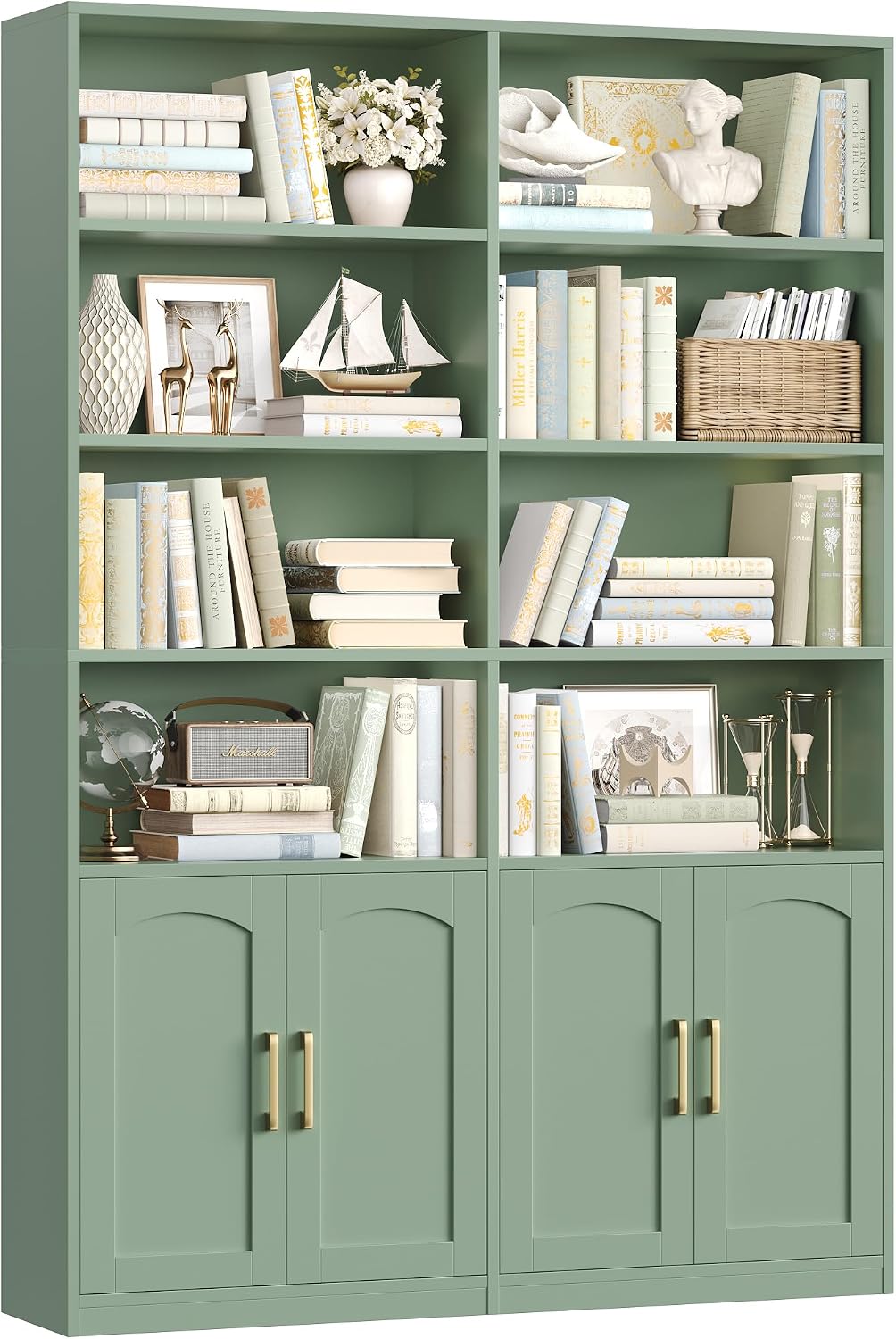 Bookshelf and Bookcase with Doors, Double Wide Large Bookshelves | Industrial Open Display Shelves 6 Tier, 73'' Tall Bookshelf with Storage Cabinets for Office,Home, Living Room, Library,White