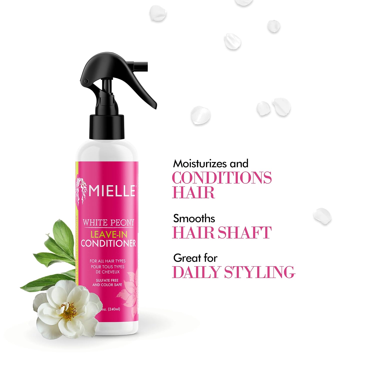 Mielle Organics White Peony Leave-In Conditioner Spray - Ultra-Moisturizing Detangler for Curly & Natural Hair - Frizz Control & Moisture Seal