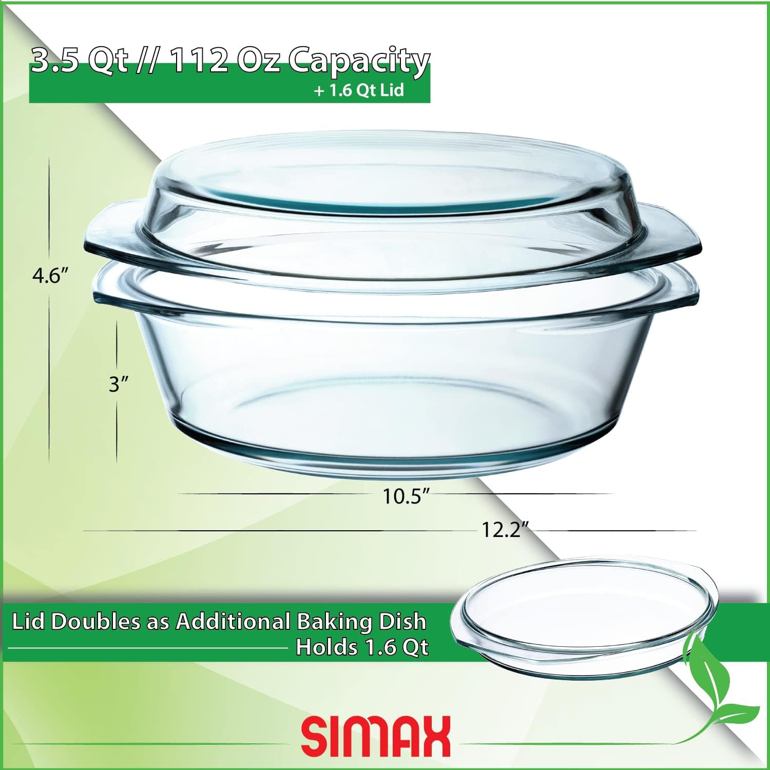 Simax Round Glass Casserole Dish, Clear Glass Round Casserole Dish with Lid and Handles, Covered Bowl for Cooking, Baking, Serving, Microwave