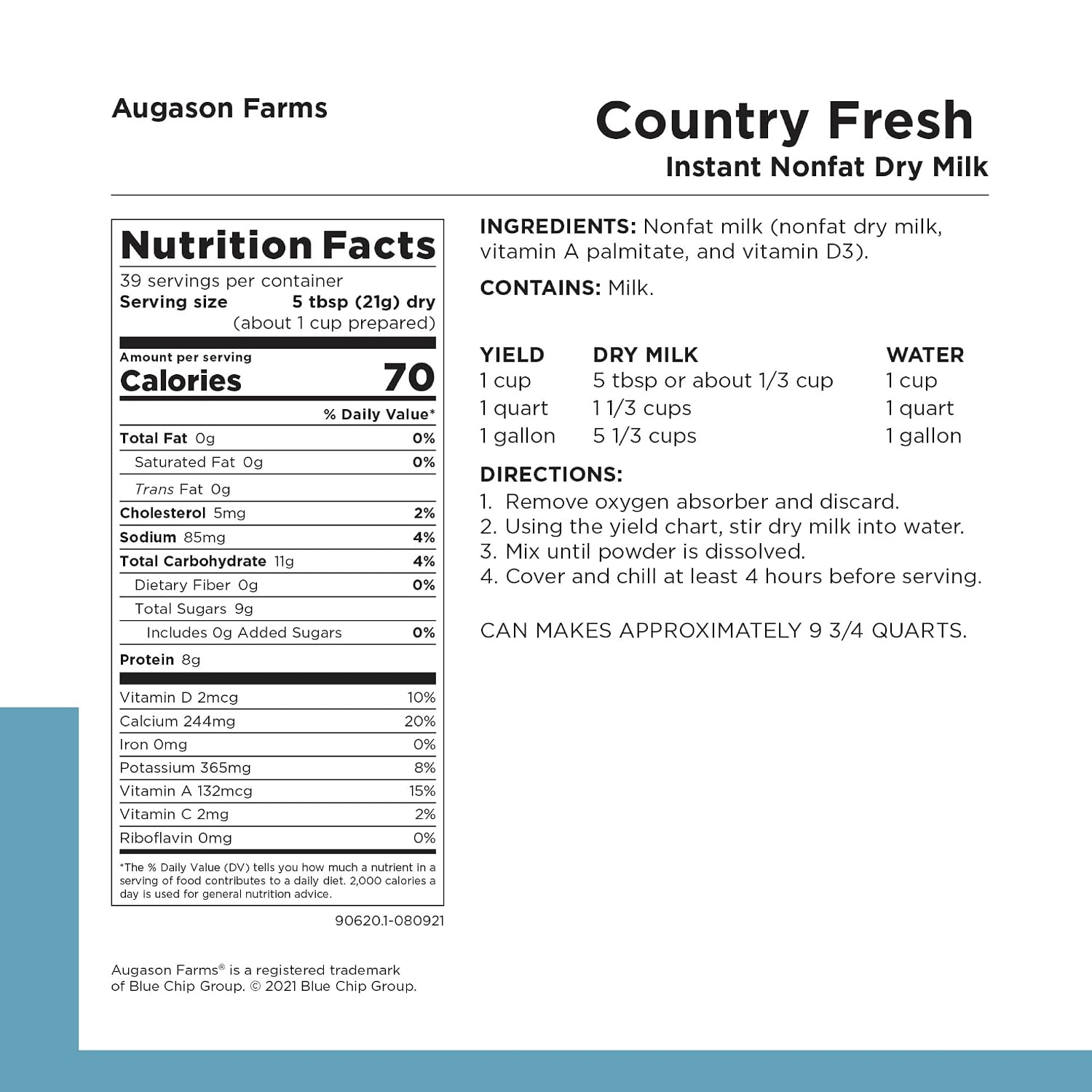 Augason Farms Country Fresh Instant Nonfat Dry Milk Powder | 39 Servings, 20 Year Shelf Life, Gluten Free