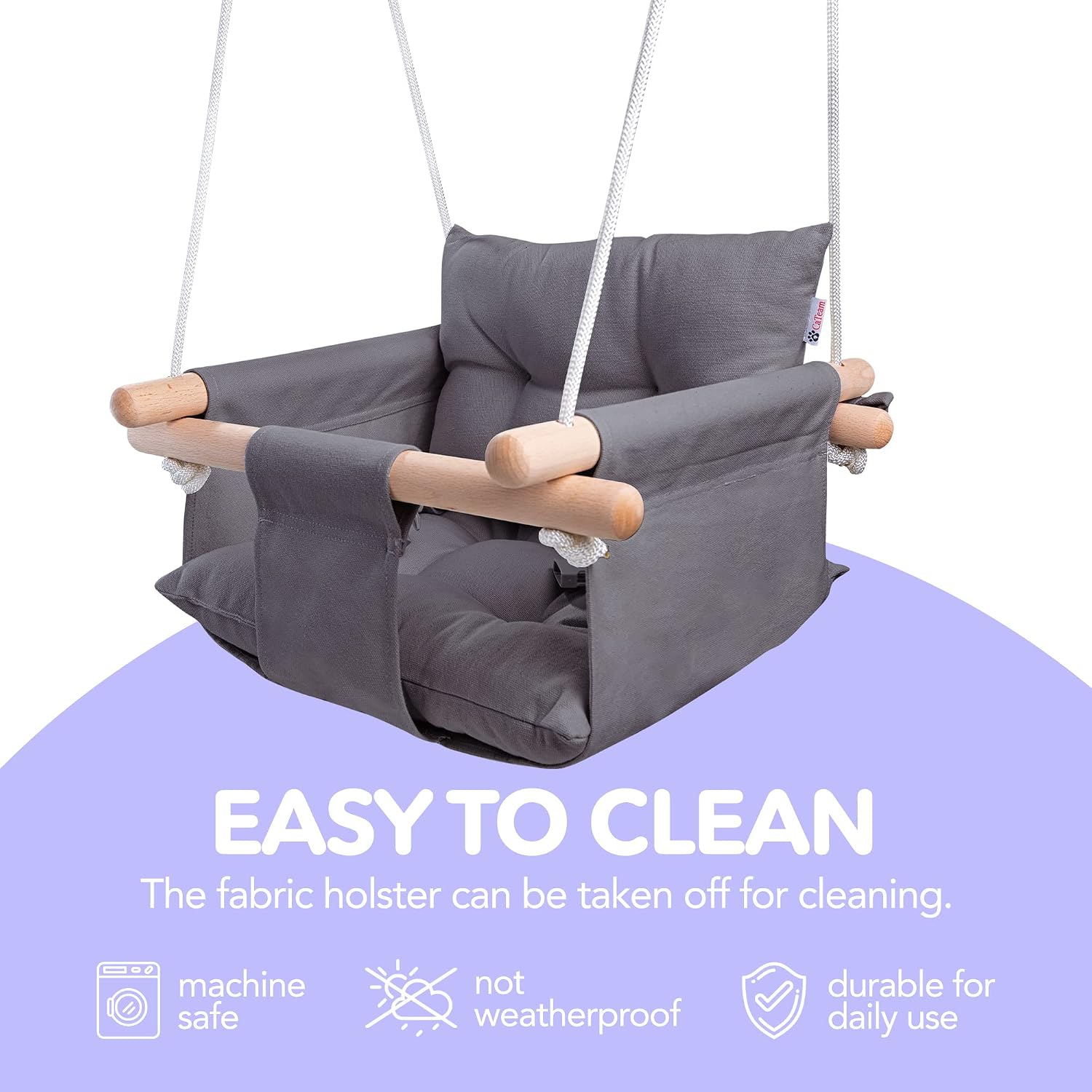 CaTeam Canvas Baby Swing Seat with 5-Point Safety Belt — Wooden Hanging Toddler Swing, Indoor & Outdoor, Ages 1-4, Ceiling Mount Hardware Included