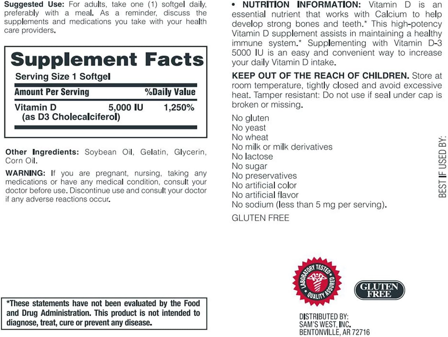 Member's Mark Vitamin D-3 5000 IU Dietary Supplement (400 Count)