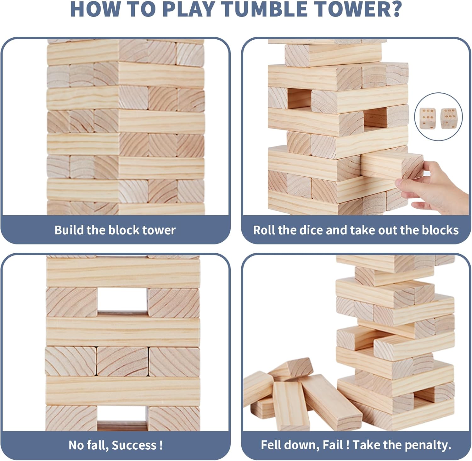 Megwoz Giant Tumble Tower Games for Kids and Adults 57 Blocks New Zealand Pine Wooden Blocks Stacking to Over 4.2FT Family Game for Indoors Outdoors