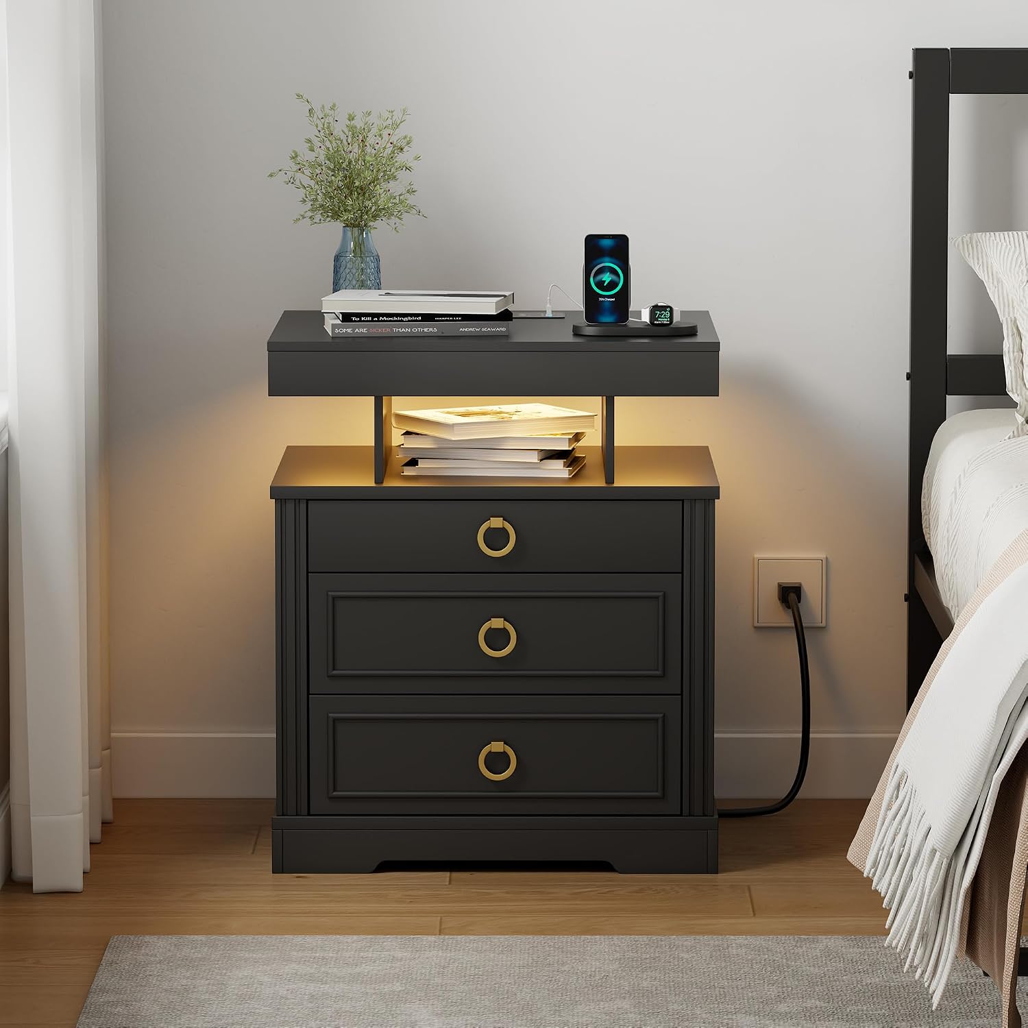 Smart LED Nightstand with Lockable Gun Drawer & Glass Top（Black） | Modern Bedside Table with Charging Station and Hidden Storage, LED Night Stand with 4 Drawers & Motion Sensor for Bedroom