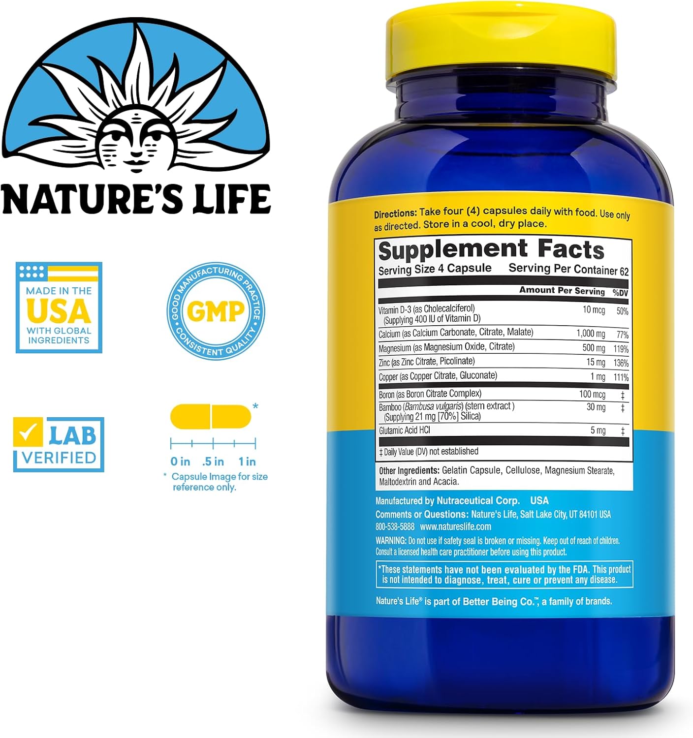 Nature's Life Cal Mag Zinc Complex - Calcium (1000 mg), Magnesium (500 mg), Zinc (15 mg), & D3 Supplement, Trace Mineral Support for Bones & Teeth