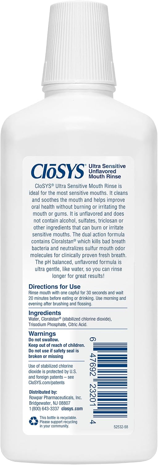 CloSYS Ultra Sensitive Mouthwash, 32 Oz, Alcohol Free Mouthwash, Unflavored Mouth Wash, Dye Free, pH Balanced, Helps Soothe Entire Mouth | Unflavored Mouth Wash, Dye Free, pH Balanced, Helps Soothe Entire Mouth