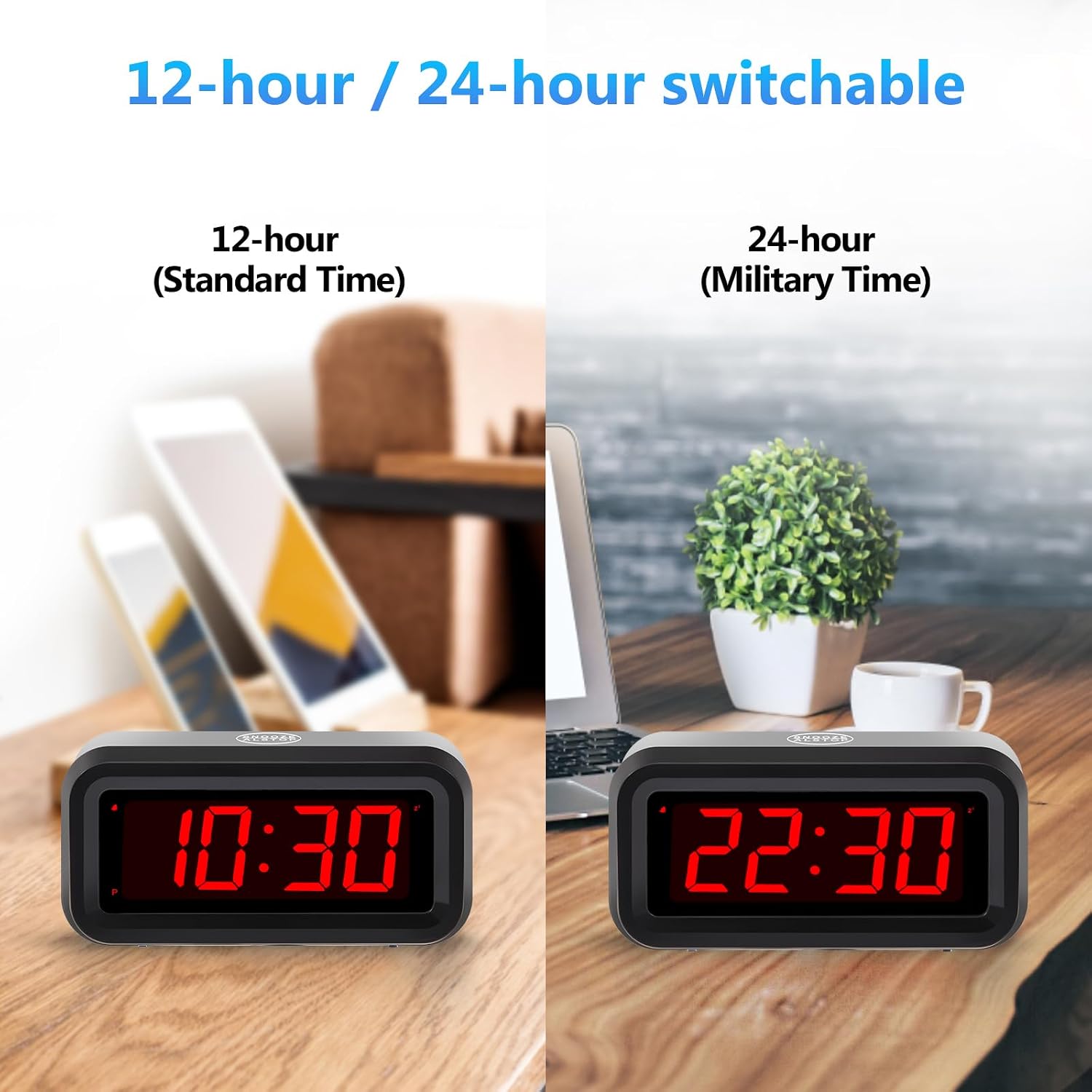 Digital Alarm Clock Battery Operated with LED Display for Bedrooms, Long Battery Life for 12 Months, 3 Brightness Adjustable, 12/24 Hour, Snooze, Black Case with Red Digits
