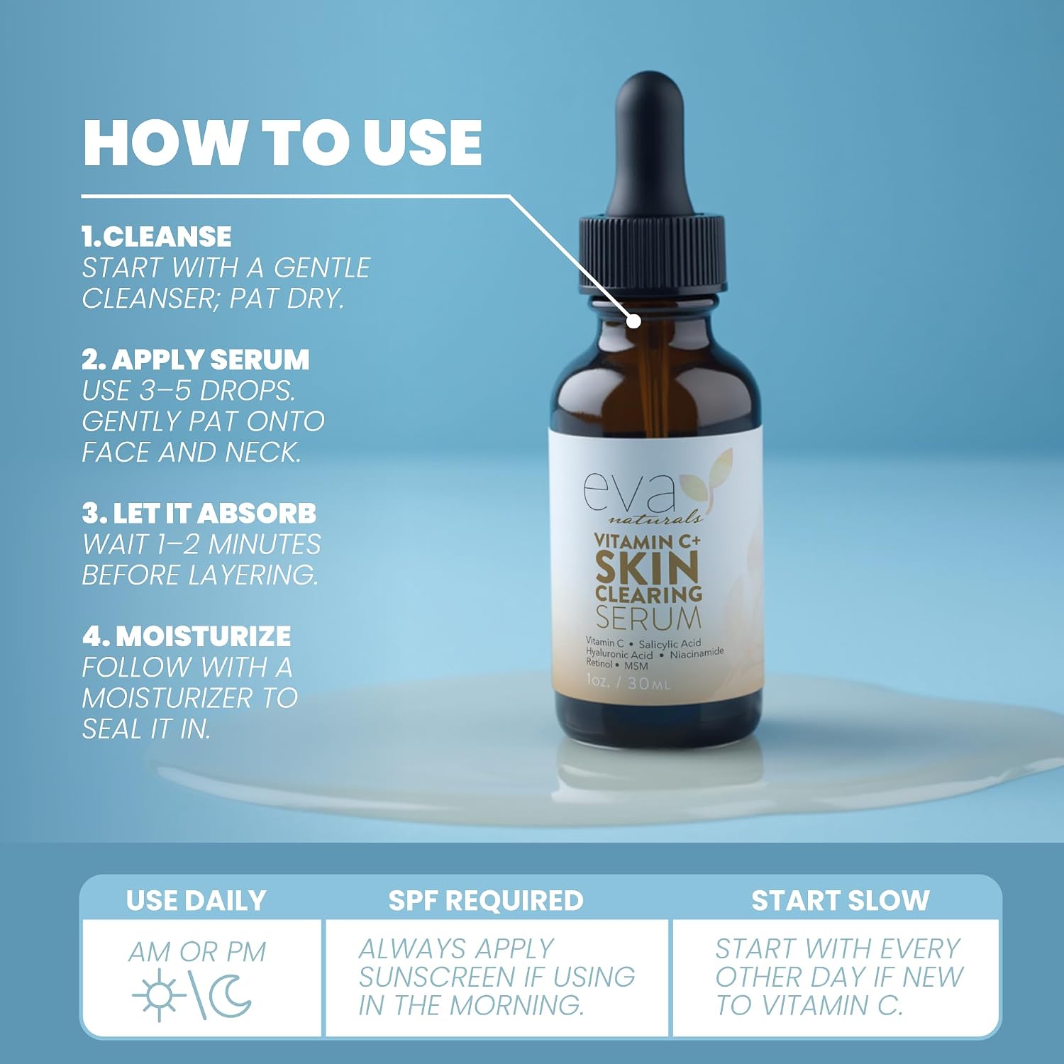 Eva Naturals Vitamin C Serum, Retinol, Niacinamide & Salicylic Acid, 1 oz | Hyaluronic acid, dark spots, brightening, dark spot remover & corrector, anti-aging