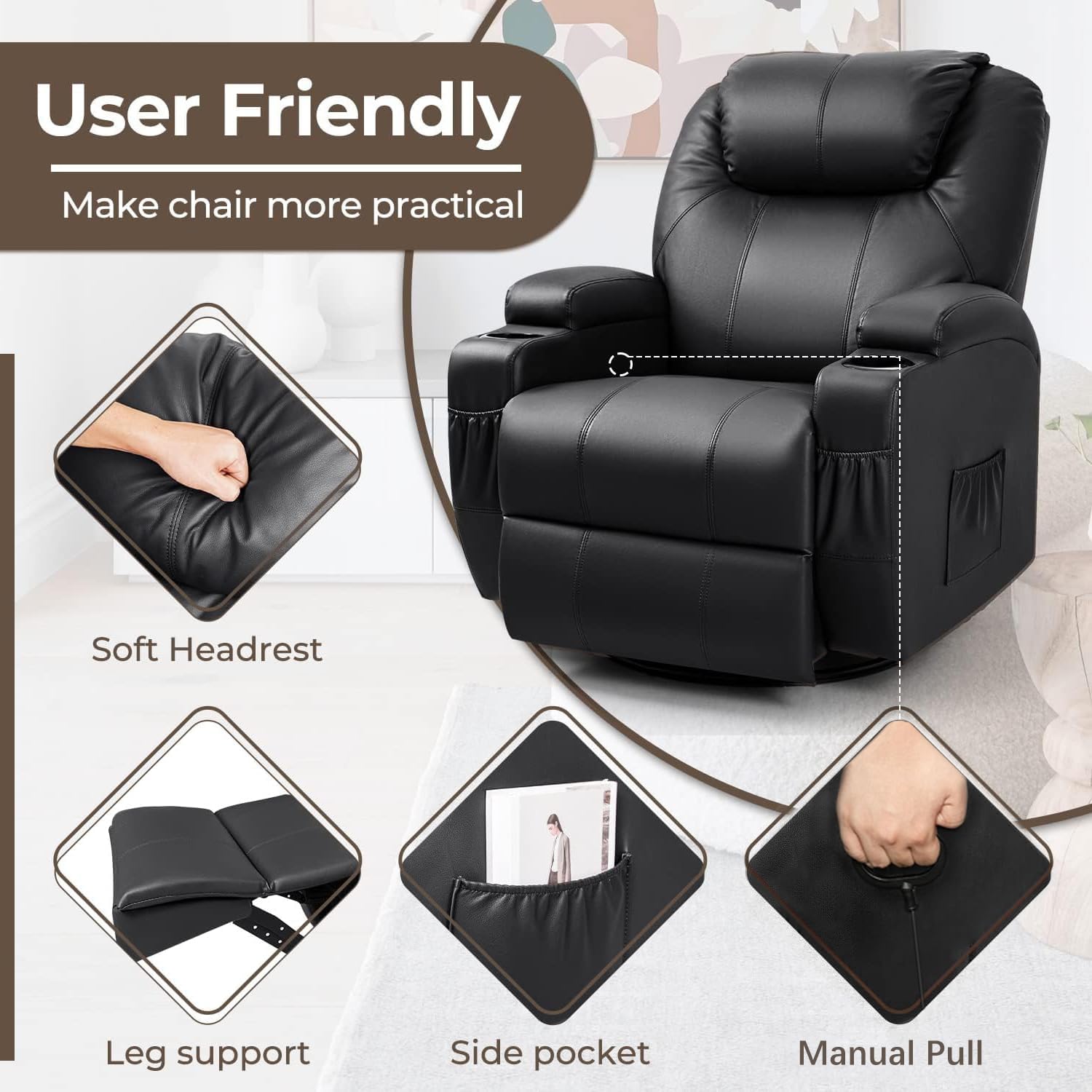 Furniwell Rocker Recliner Chair with Massage for Elderly, Leather Adjustable 360°Swivel Rocking Sofa for Living Room with Remote Control