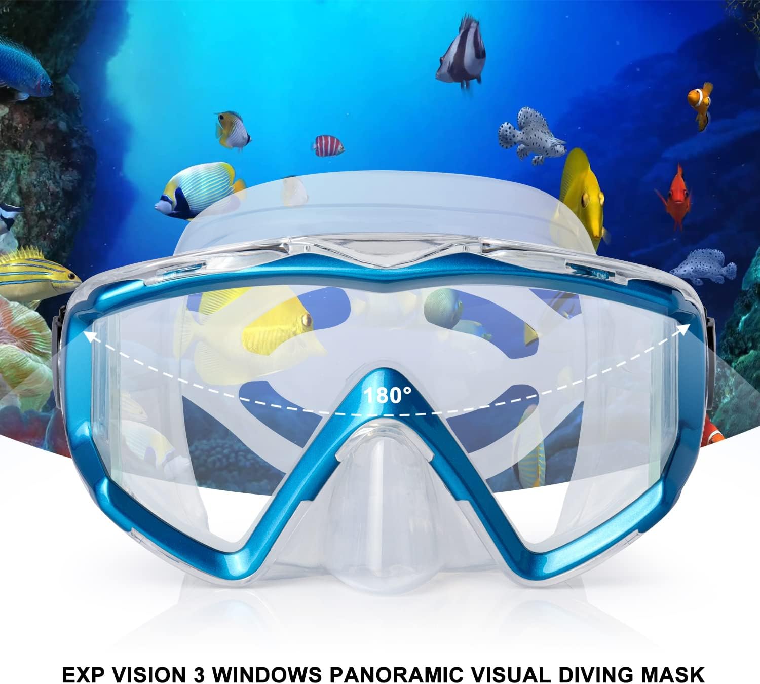 Adult Pano 3 Scuba Diving Mask, Tempered Glass Snorkel Mask Anti-Fog Swim Mask No Leakage Swim Goggles with Nose Cover Snorkeling Gear for Snorkeling