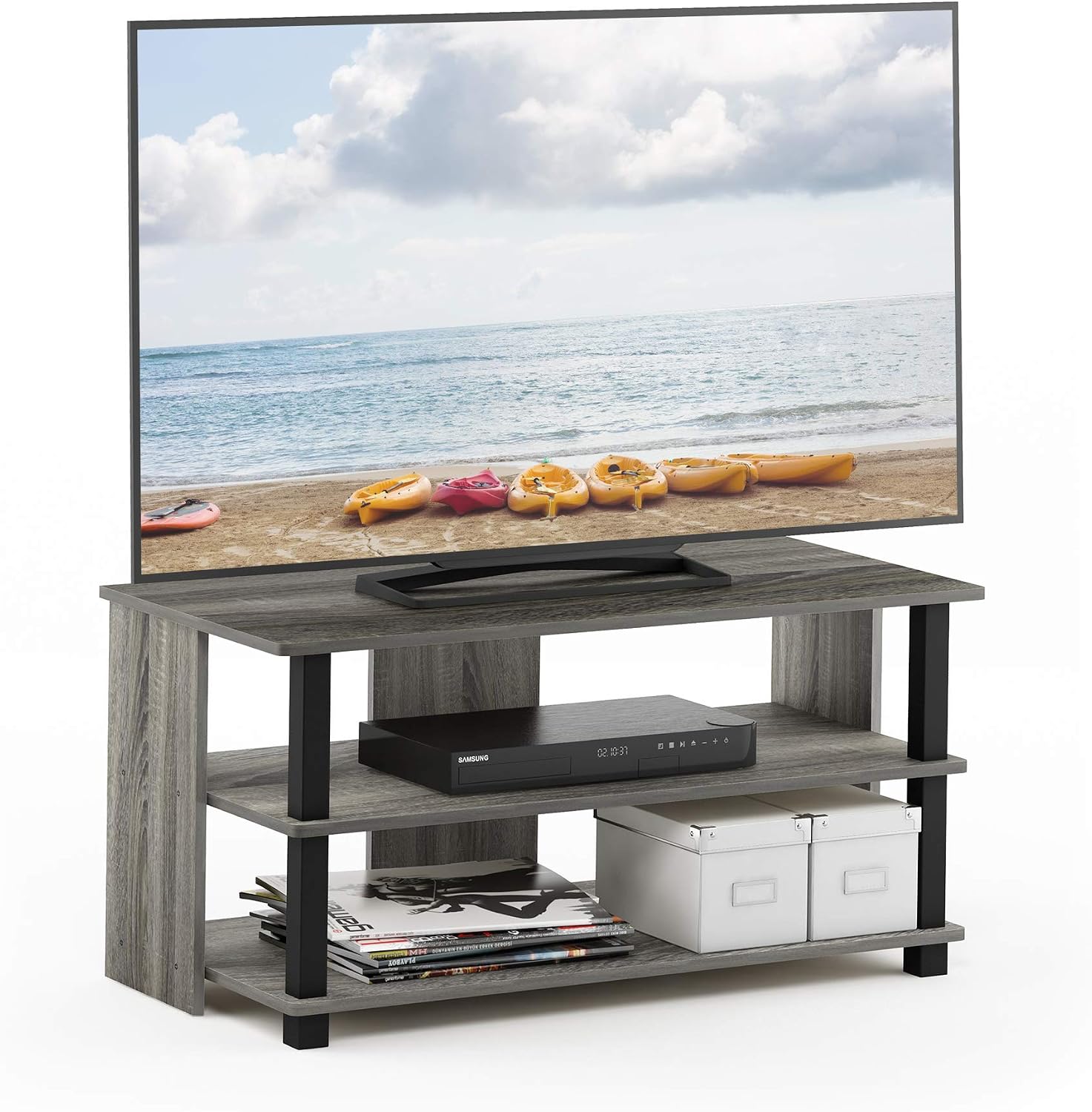 Furinno Beginning TV Stand, 2-Tier Rectangular Entertainment Center with Shelf, TV Console for TV up to 36 Inch, Open Back, for Living Room, Bedroom, French Oak