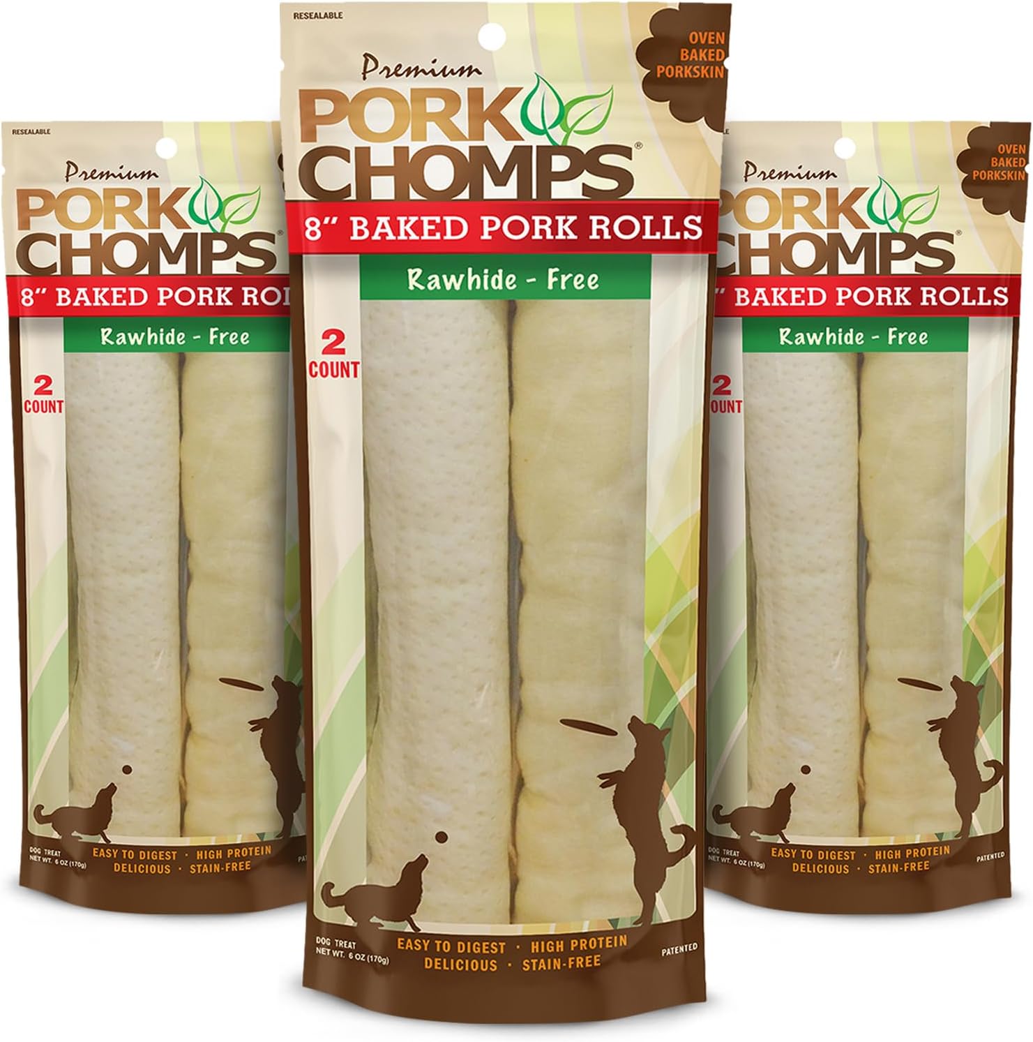 Pork Chomps Rawhide Free Pork Skin Dog Chews, Chicken Wrap, 8in Rolls, 2ct