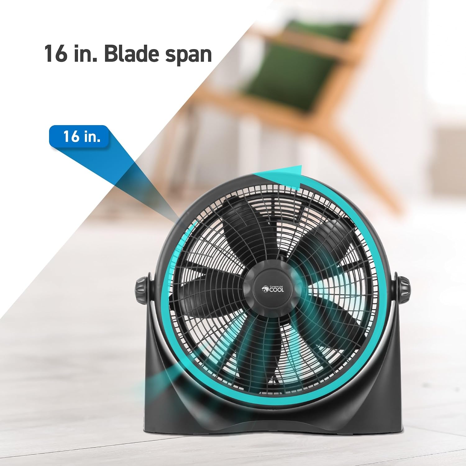 Commercial Cool 16 Inch High Velocity Floor Fan, Black, CFF16B | Floor Fan for Home, Garage, Bedroom, or Office, Cooling with 3 Speed Settings, Quiet Floor Fan with Adjustable Tilt Angle