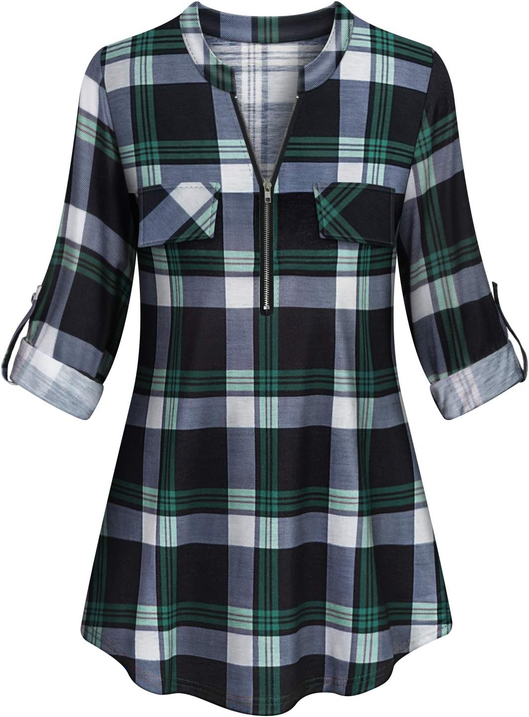 Tanst Sky Womens Casual Long Sleeve Zipped V Neck Plaid Tunic Blouses