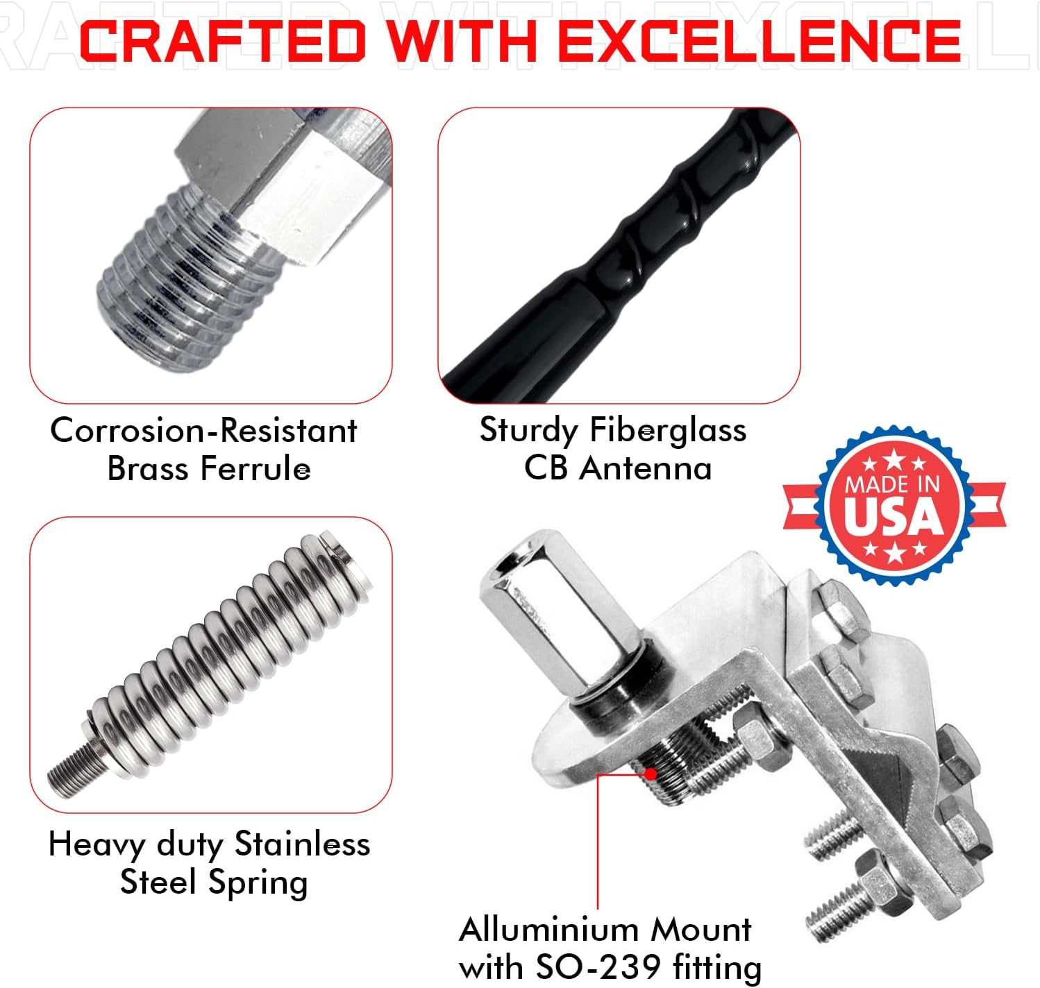 Prostick Fiberglass CB Antenna with Single Groove Mirror Mount & Stainless Steel Spring - 1000 Watt Durable Radio Antenna, Studs
