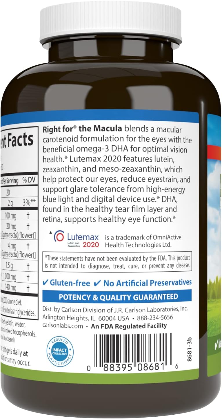 Carlson Right for The Macula, Made with Lutemax 2020, 120 Softgels | Clinically Proven to Support Vision Health, Macular Health, Blue Light Protection