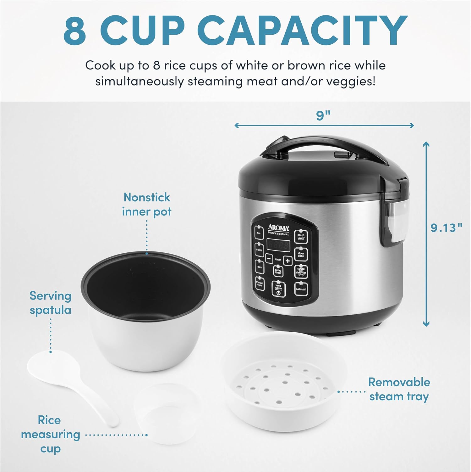 Aroma Housewares 8-Cup (Cooked) (4-Cup UNCOOKED) Digital Rice Cooker and Food Steamer (ARC-914D),White