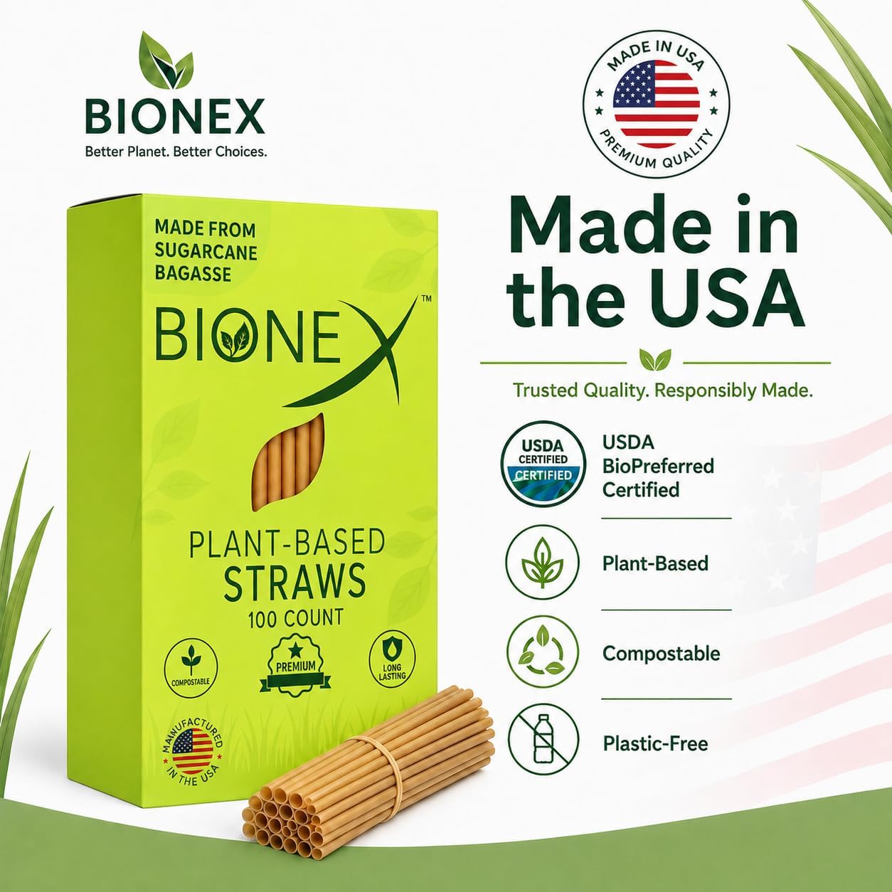 Bionex 8” Sugarcane Straws, 100 Count – Biodegradable & Compostable Disposable Drinking Straws, Made in USA