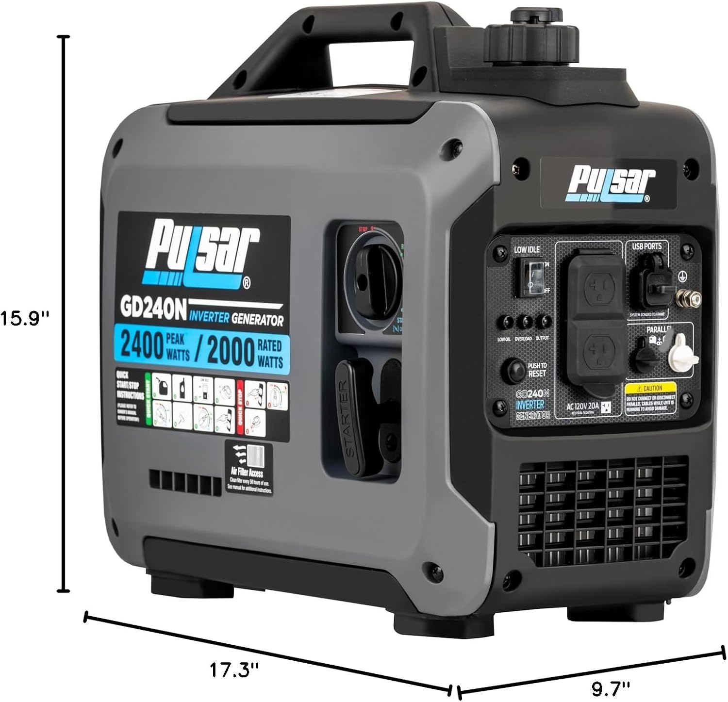 Pulsar 2,300W Portable Gas-Powered Quiet Inverter Generator With USB Outlet & Parallel Capability, Carb Compliant, G2319N