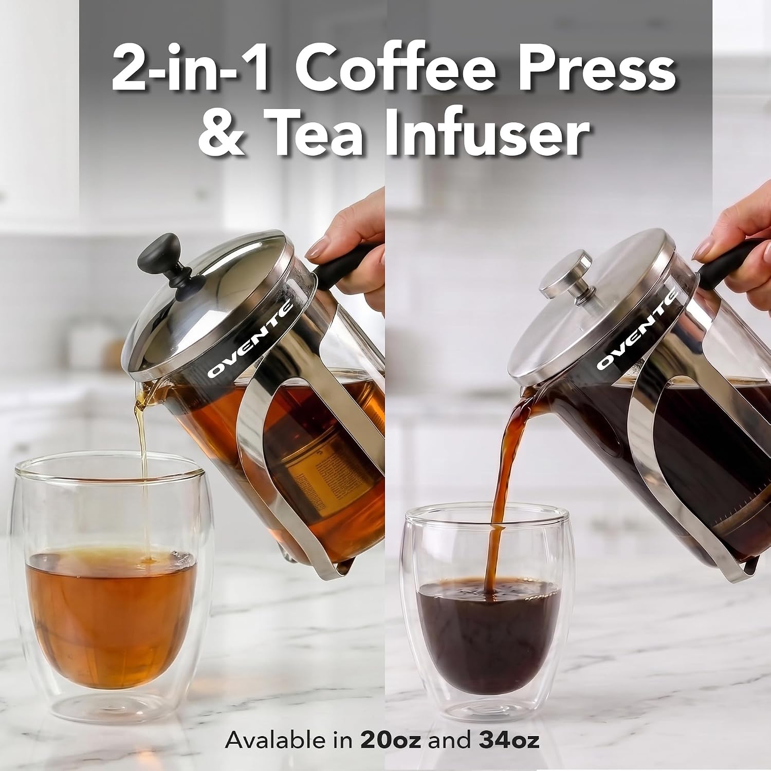 OVENTE French Press Coffee Maker, 34oz BPA-Free Cold Brewer, Clear FGC34T | Heat Resistant Borosilicate Glass, 4-Level Filter System, Stainless Steel Plunger, Cafetera Tea Pot for Kitchen Travel Gifts