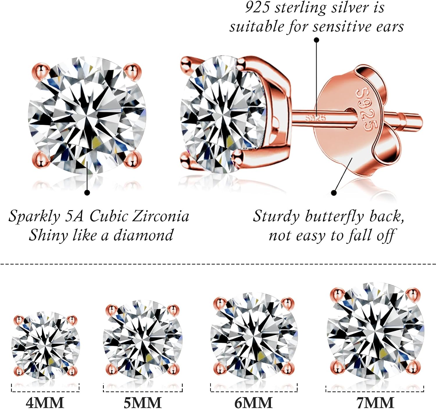 925 Sterling Silver Stud earrings Set | White Gold Plated Hypoallergenic Stud Earrings | Cubic Zirconia Stud Earrings for Women (2mm, 3mm, 4mm, 5mm