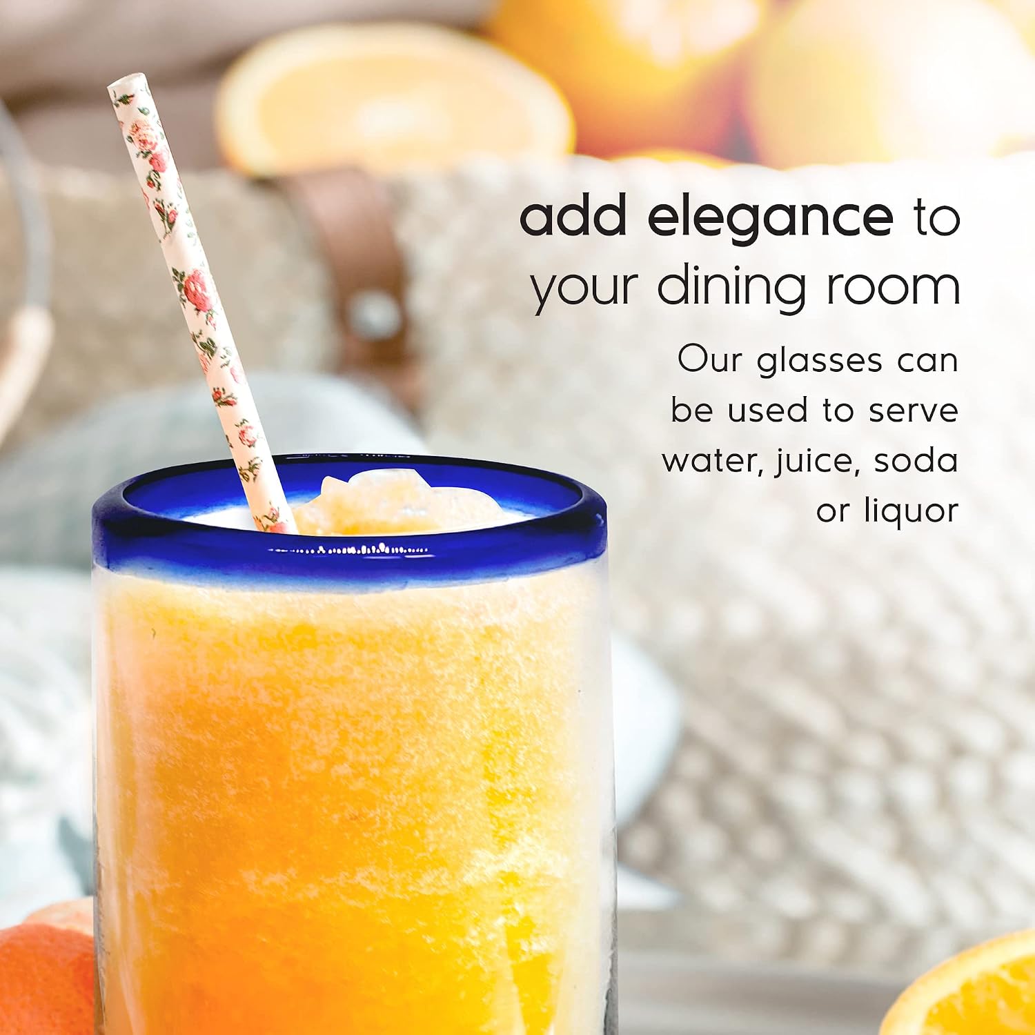 Cobalt Blue Rim 120 oz Pitcher and 6 Drinking Glasses set, Recycled Glass, Lead-free, Toxin-Free (Pitcher & Glasses)