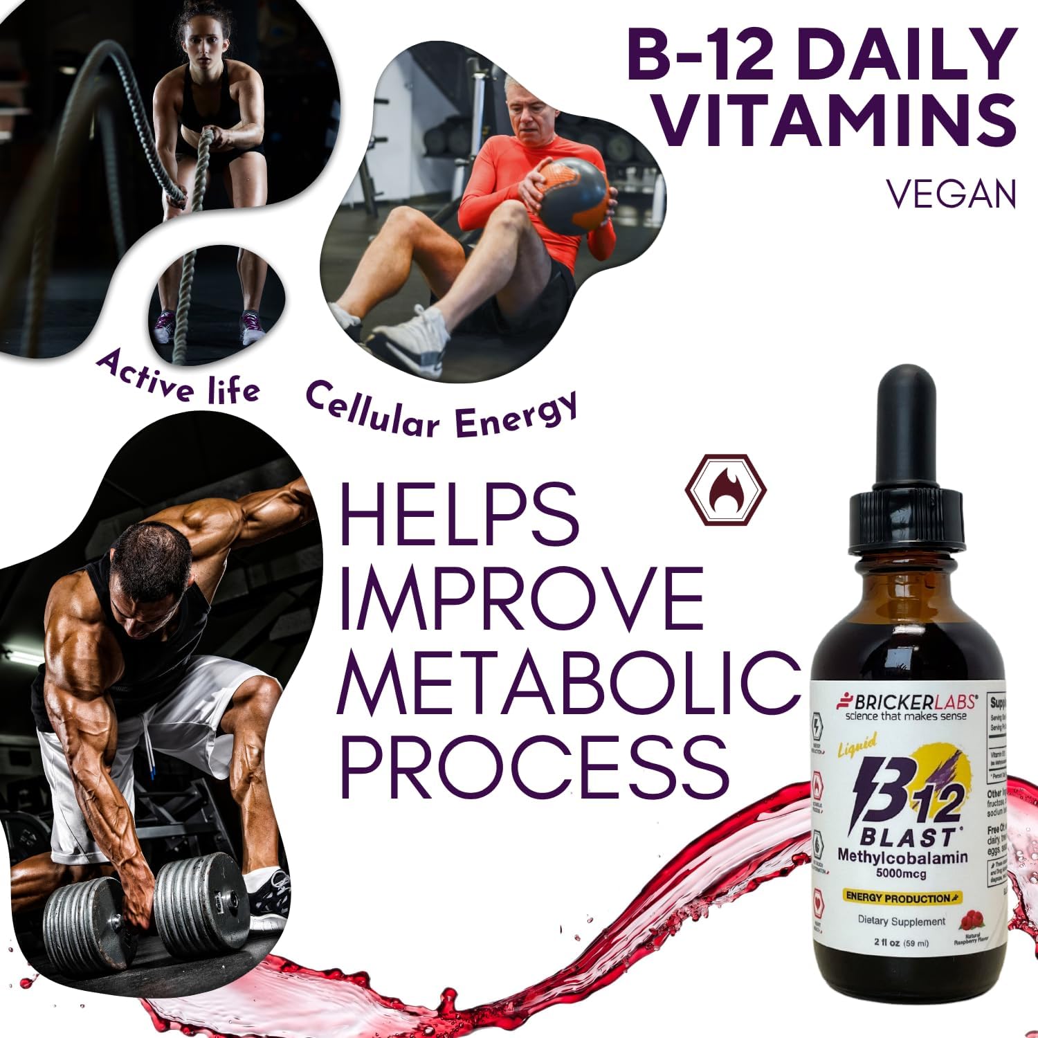 Bricker Labs B12 Blast Methylcobalamin 1000mcg, Great Tasting Sublingual Liquid Energy Vitamins -Vegan B12 Vitamins, Sustained Energy and Cellular Energy Supplement - 59-Day Servings
