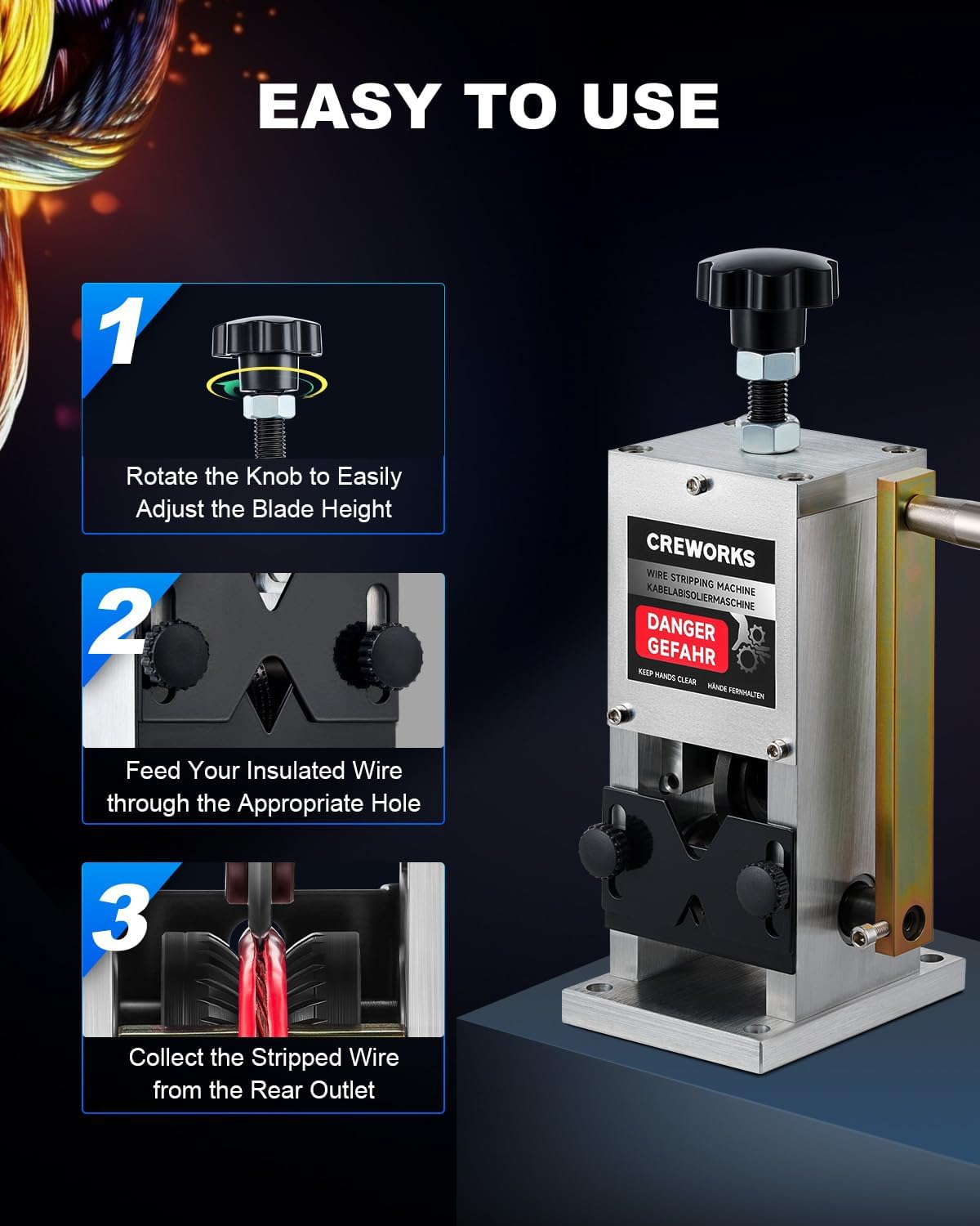 CREWORKS Manual Wire Stripper Machine, 0.06"-1" Wire Stripping Machine, Wire Stripping Tool for 1.5-25mm Scrap Wire