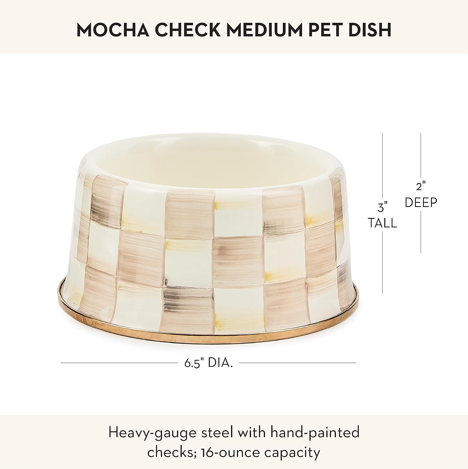MACKENZIE-CHILDS Enamel Pet Dish, Large, Black-and-White Courtly Check | Decorative cat and dog bowl for food and water, 40-ounce capacity