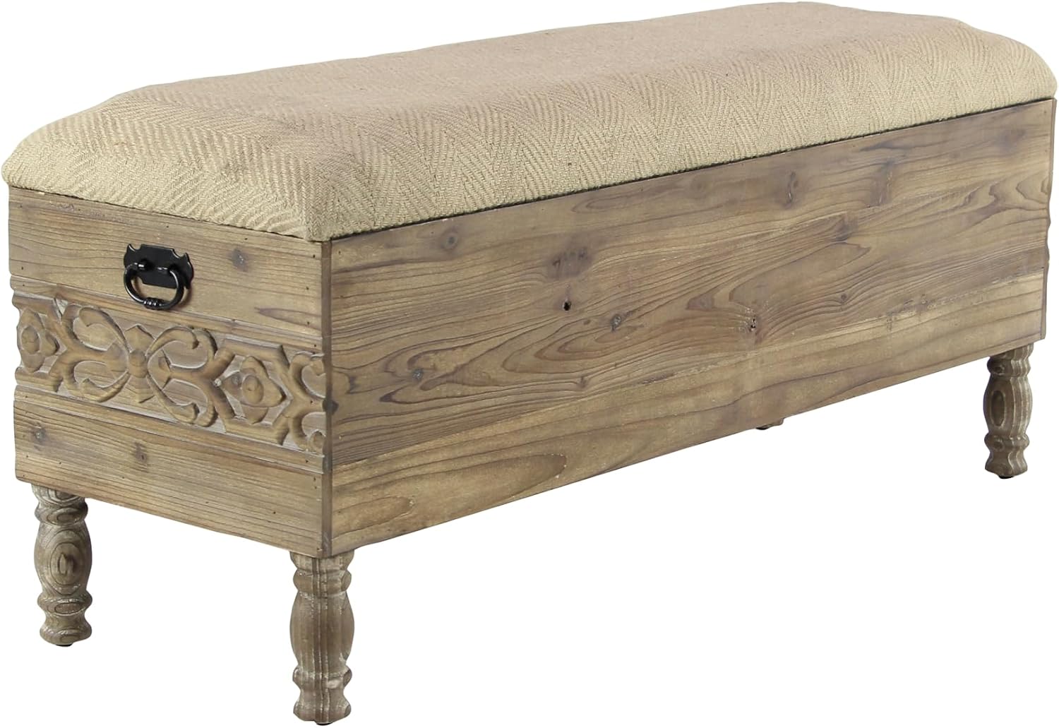 Deco 79 Wood Floral Room Storage Bench Intricately Carved Entryway Bench with Cream Burlap Top, Bench 47" x 16" x 20", Brown