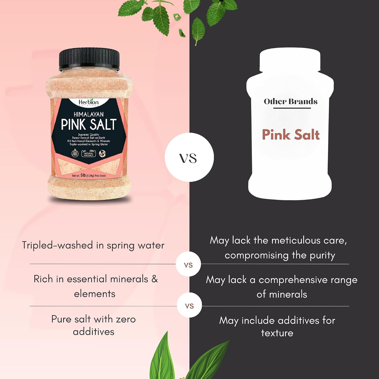 HERBION Naturals Himalayan Pink Salt Jar Fine Grain, GMO Free, Supreme Quality Chemical Free, Vegan, Kosher Certified, Fine Grain All Natural Salt