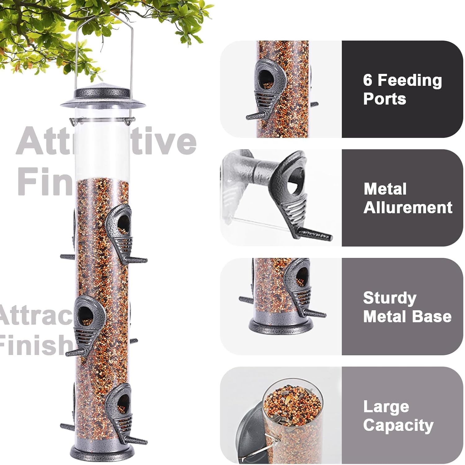 MIXXIDEA 1PK Metal Bird Feeders with 6 Feeding Ports, Tube Bird Feeder with Steel Hanger, Hard Plastic Wild Bird Feeder for Outdoors Hanging